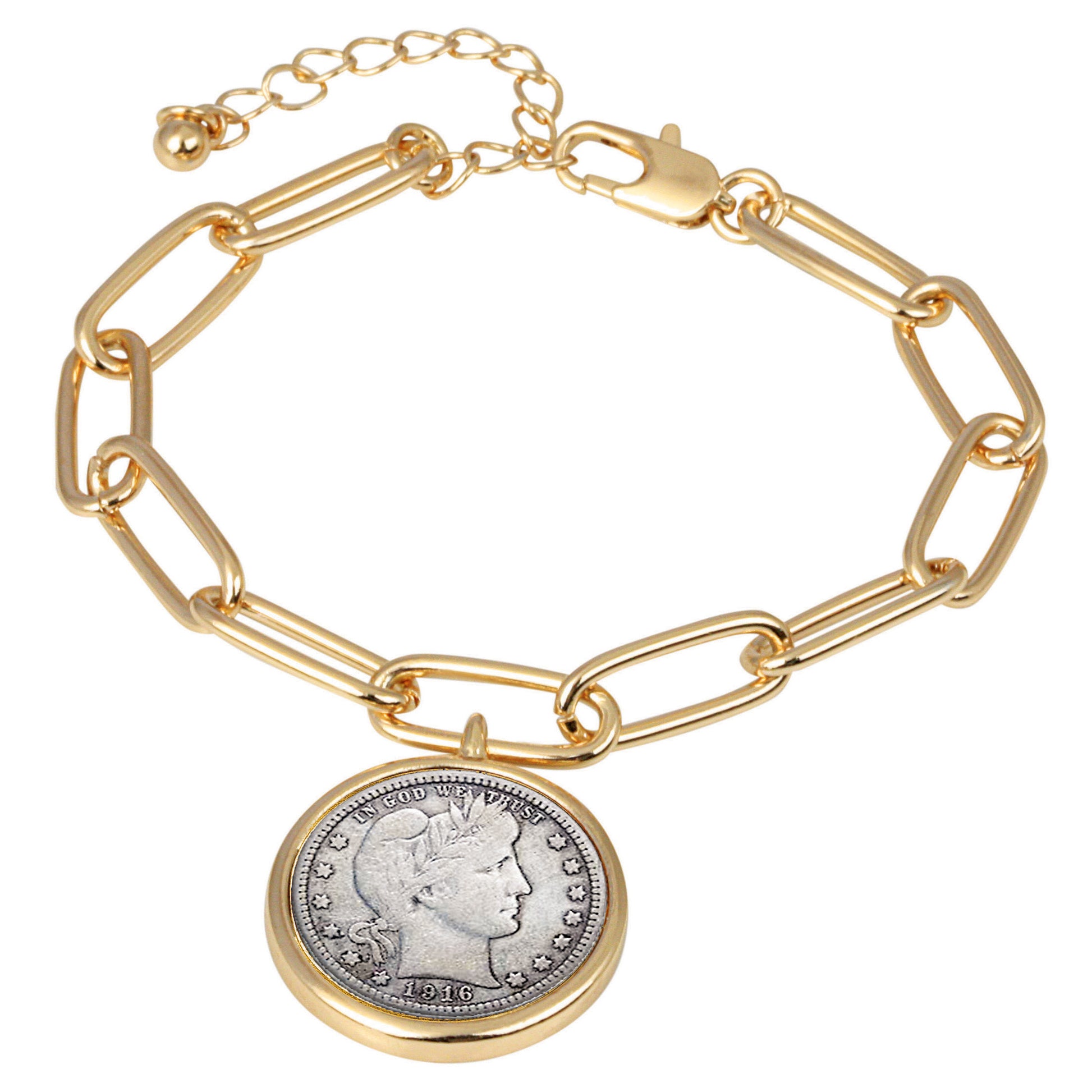 Barber Dime Coin Goldtone Elongated Link Bracelet 
