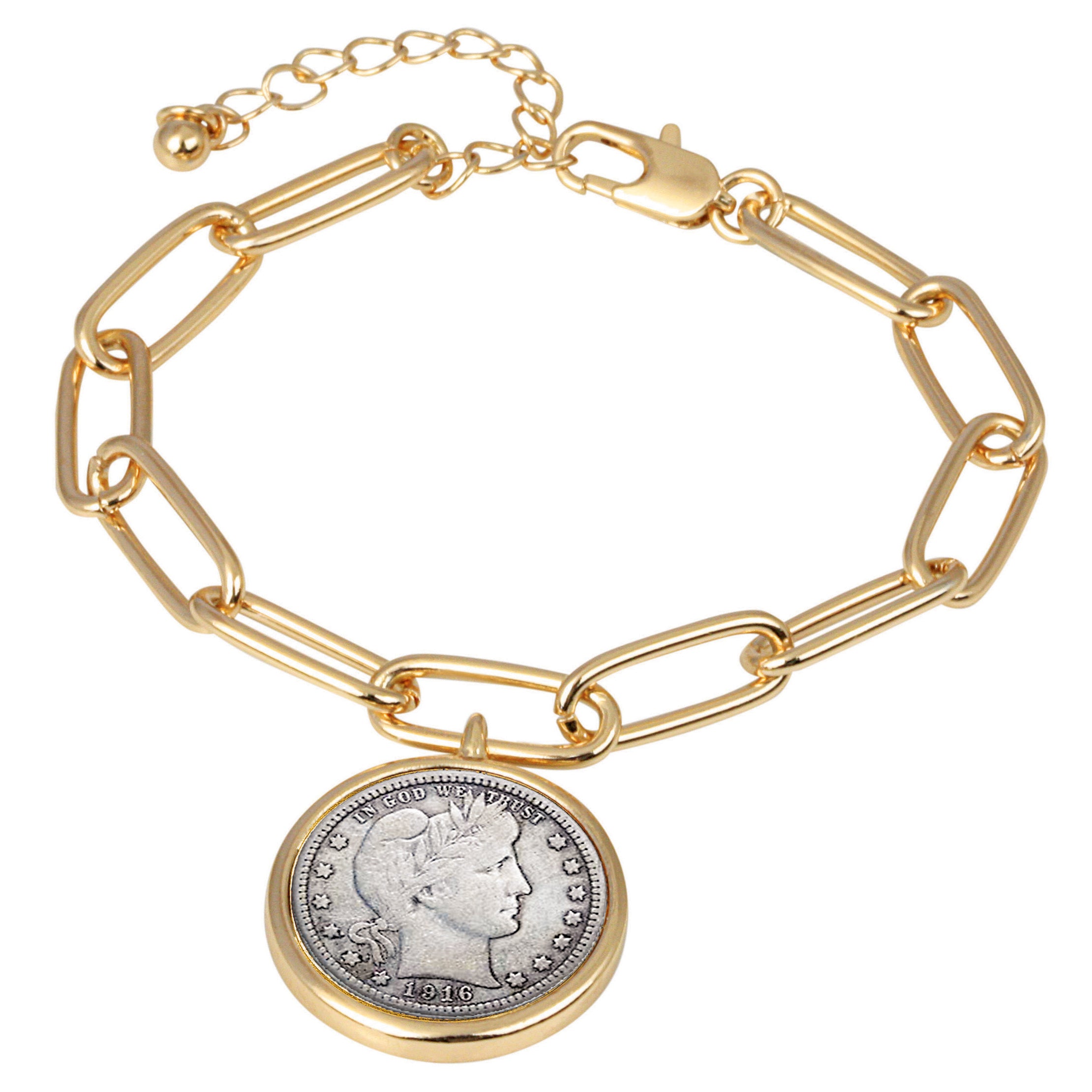 Barber Dime Coin Goldtone Elongated Link Bracelet 