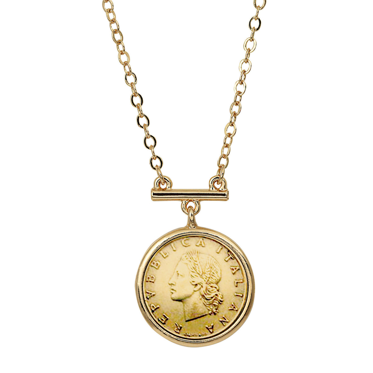 Italian 20 Lira Coin Goldtone Bar Necklace 