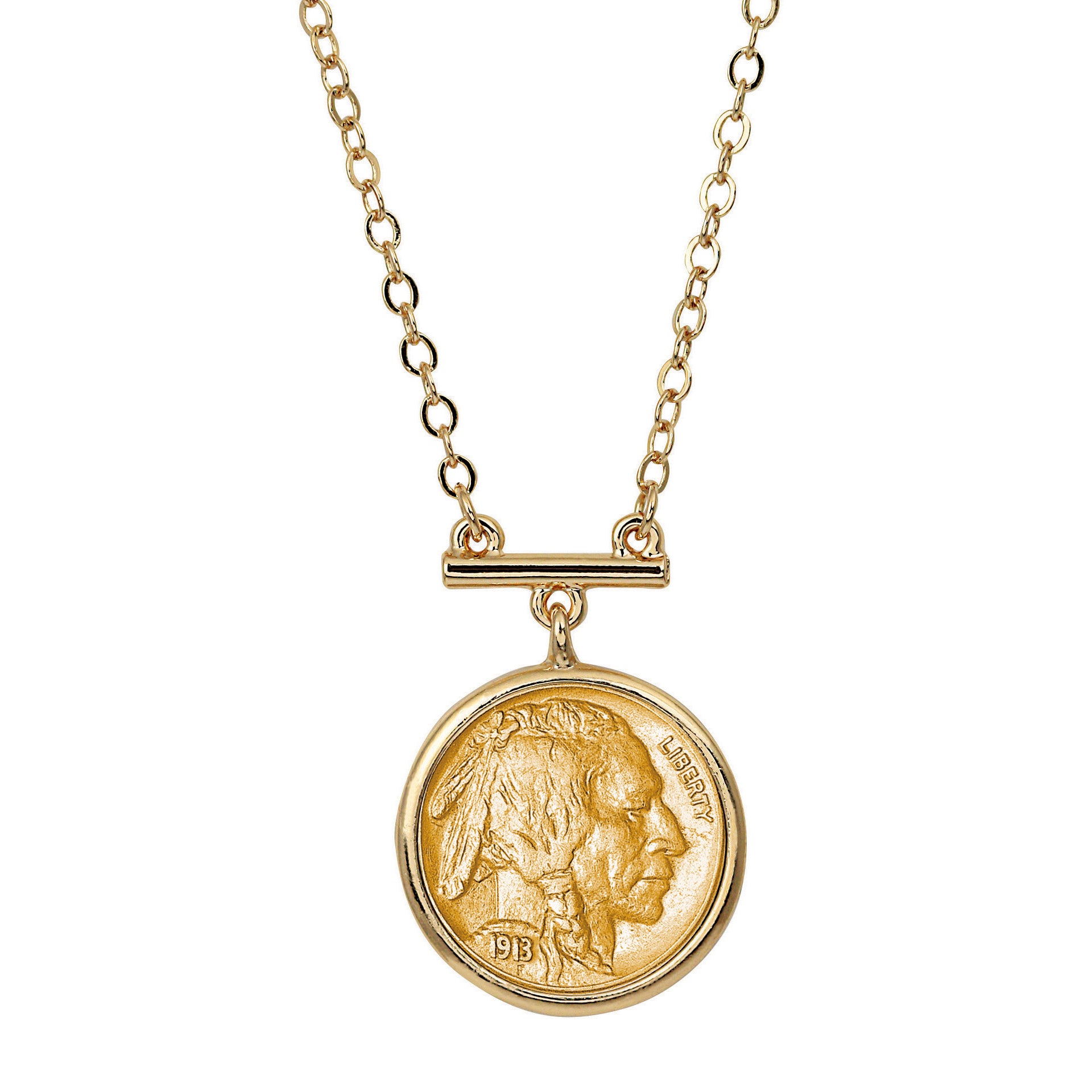 Gold Layered Buffalo Nickel Coin Goldtone Bar Necklace 