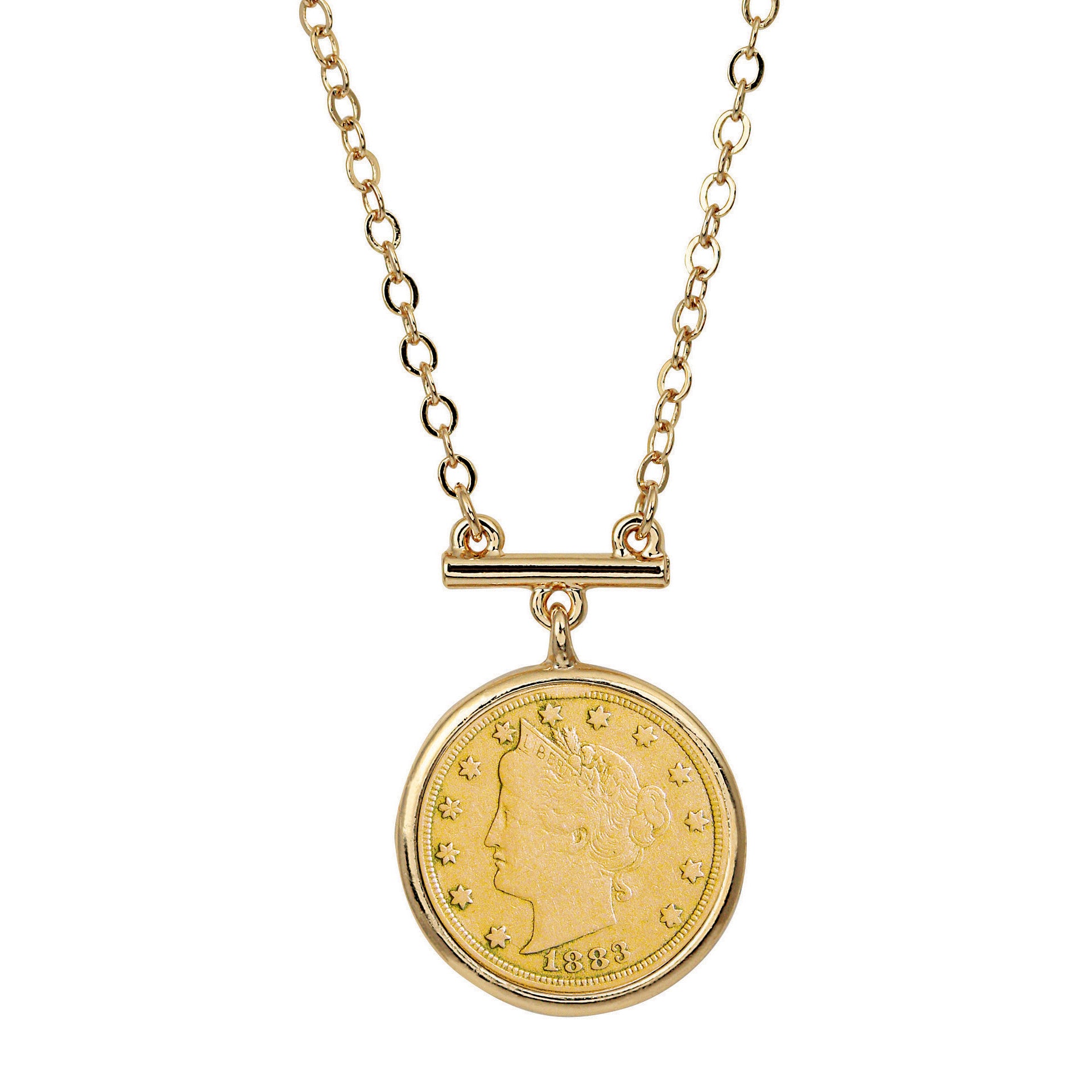 Gold Layered Liberty Nickel Coin Goldtone Bar Necklace 