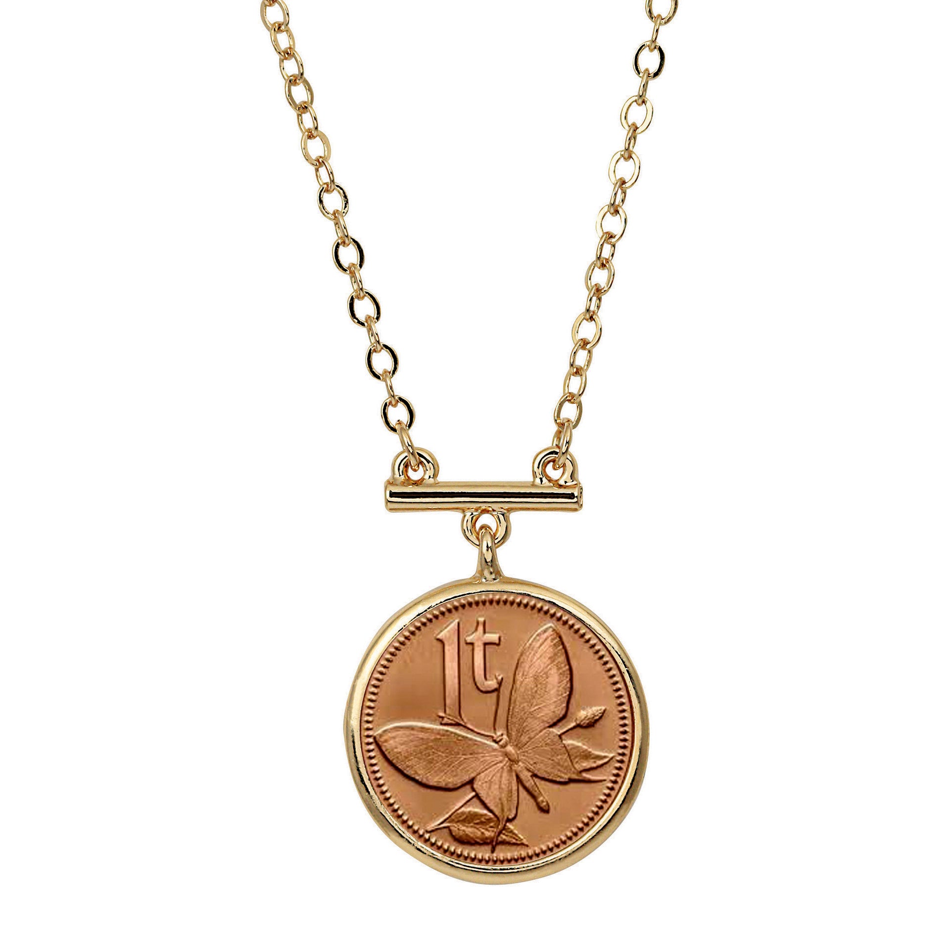 Butterfly Coin Goldtone Bar Necklace 