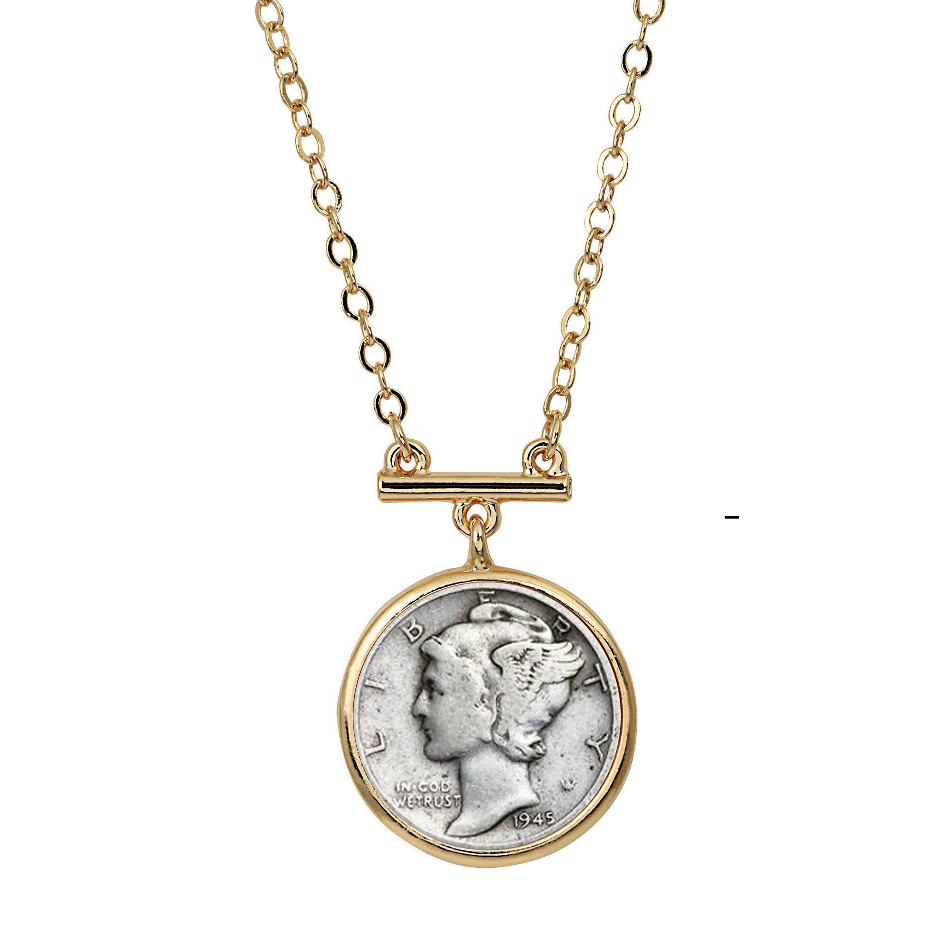 Mercury Dime Coin Goldtone Bar Necklace 