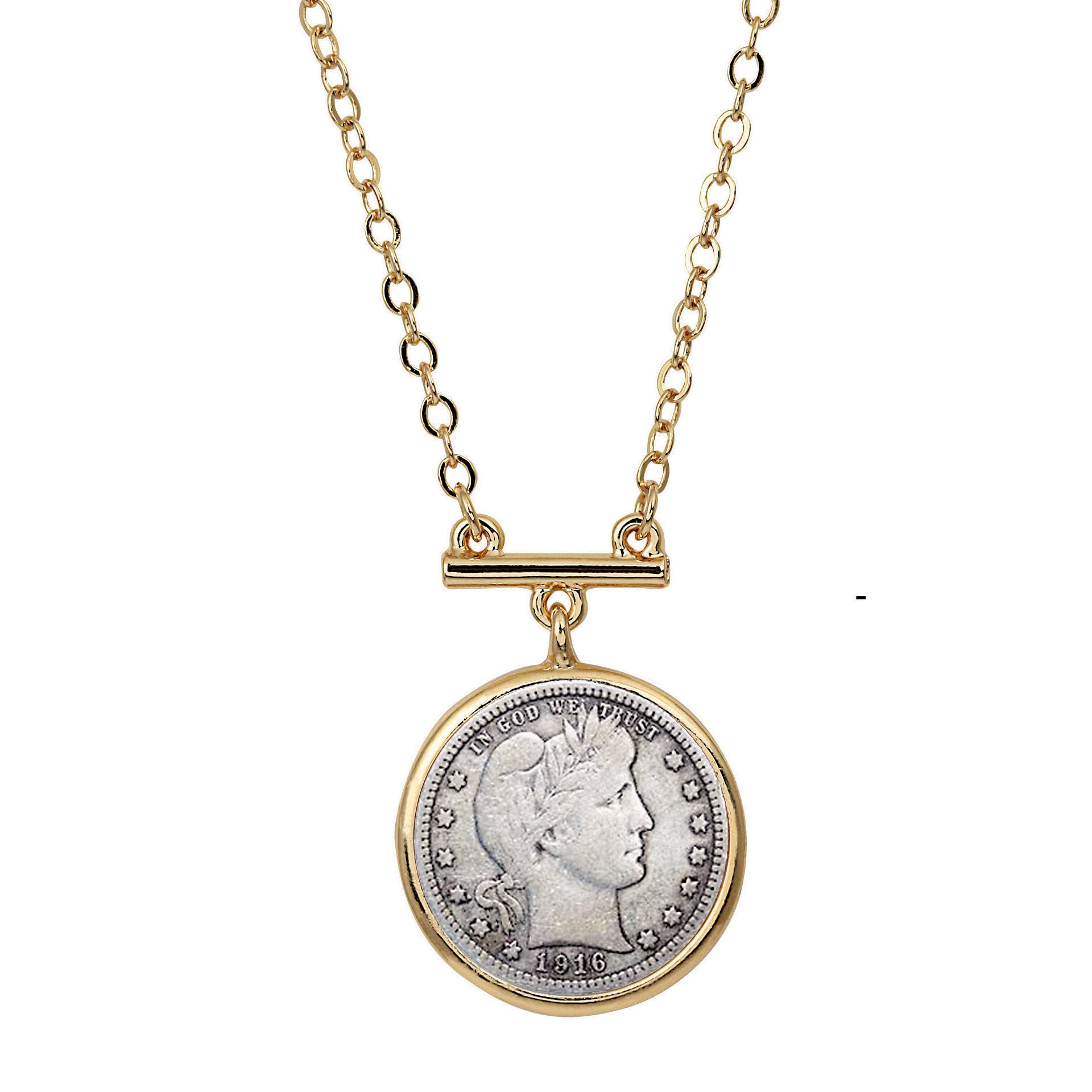 Barber Dime Coin Goldtone Bar Necklace 