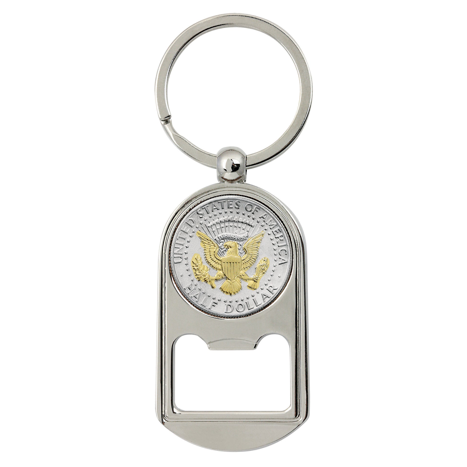 Selectively Gold-Layered Presidential Seal JFK Half Dollar Coin Key Chain Bottle Opener