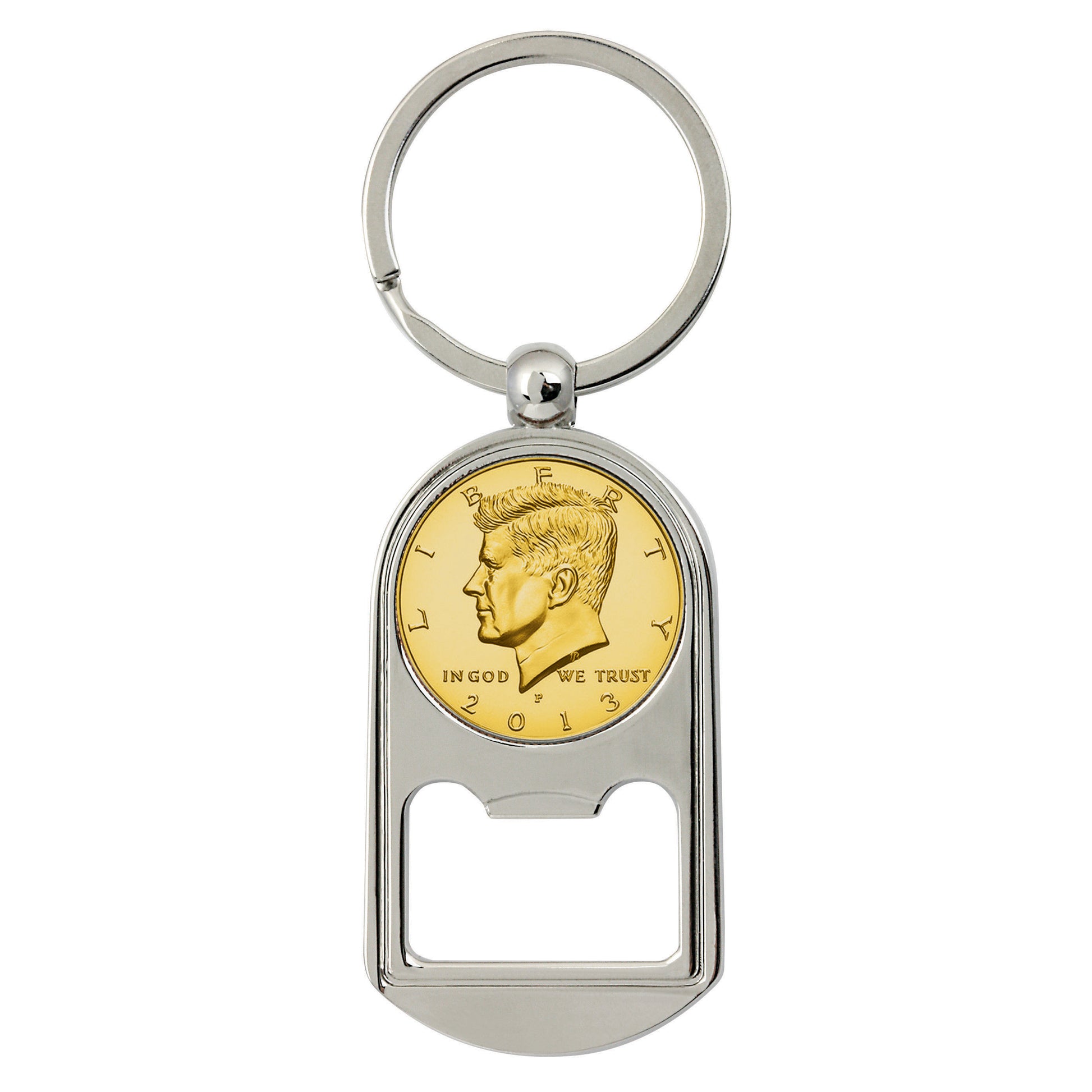 Gold-Layered JFK Half Dollar Coin Key Chain Bottle Opener
