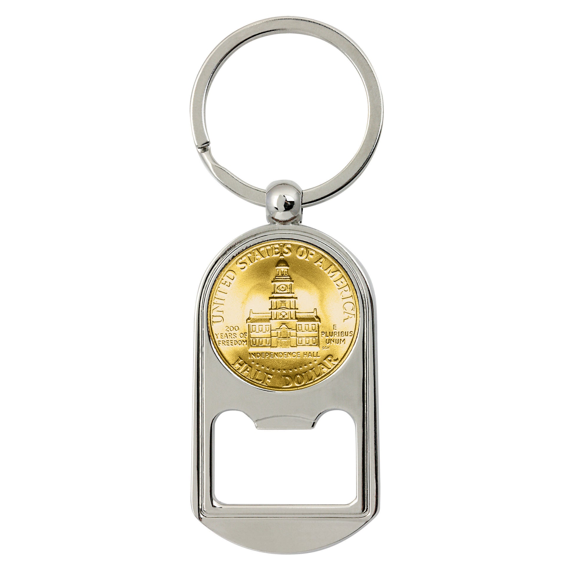 Gold-Layered JFK Bicentennial Half Dollar Coin Key Chain Bottle Opener ( reverse)