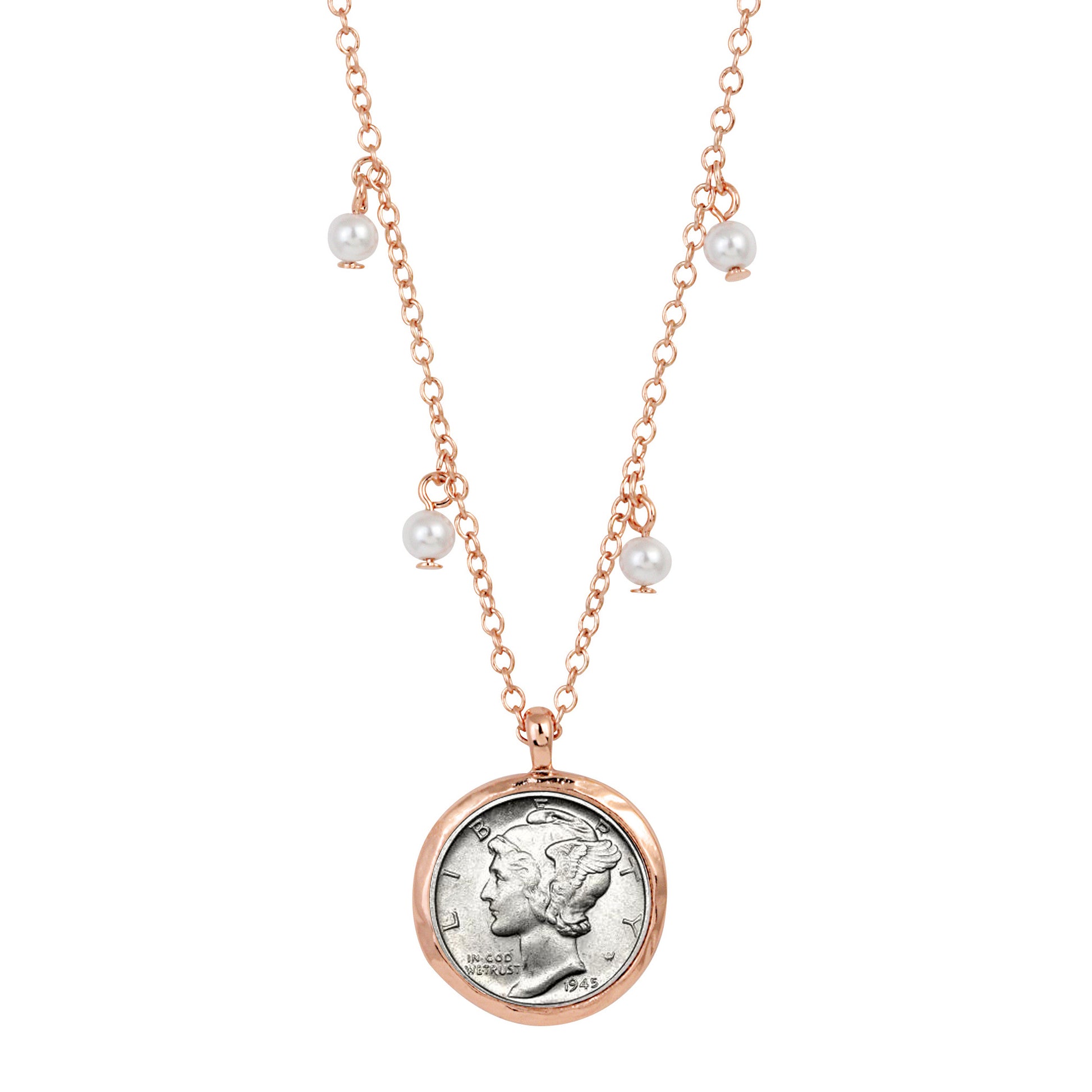 Silver Mercury Dime Rose Tone Glass Pearl Necklace