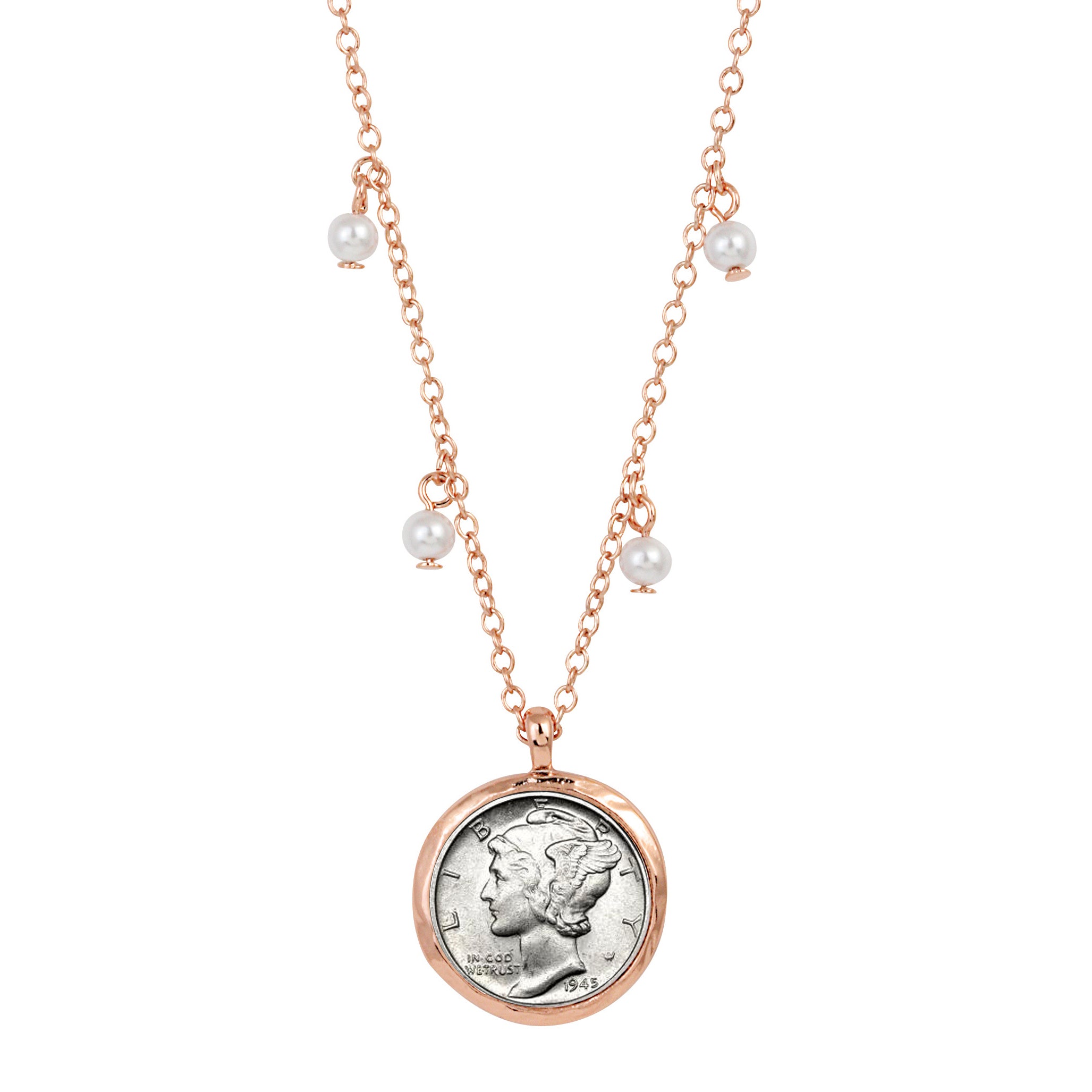 Silver Mercury Dime Rose Tone Glass Pearl Necklace