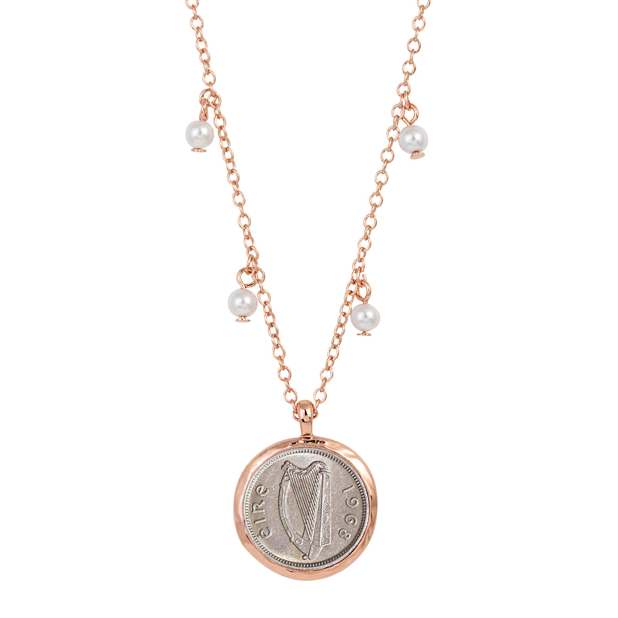 Irish Threepence Rose Tone Glass Pearl Necklace