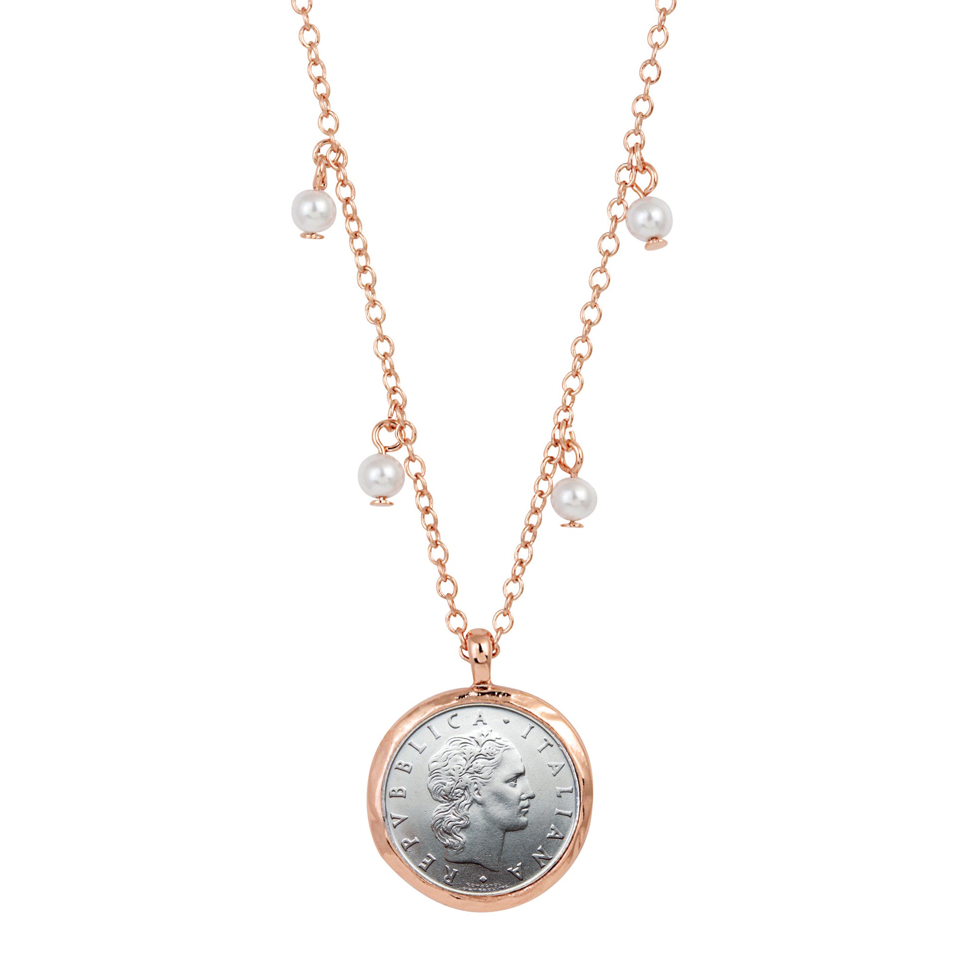 Italian 50 Lire Rose Tone Glass Pearl Necklace