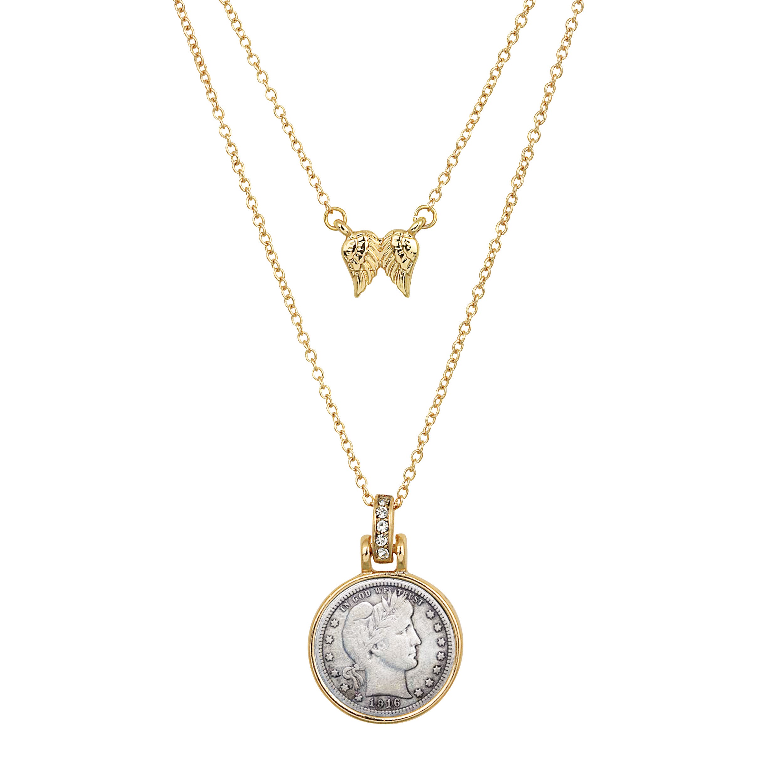 Barber Dime Goldtone Pendant With Double Chain With Angel Wings