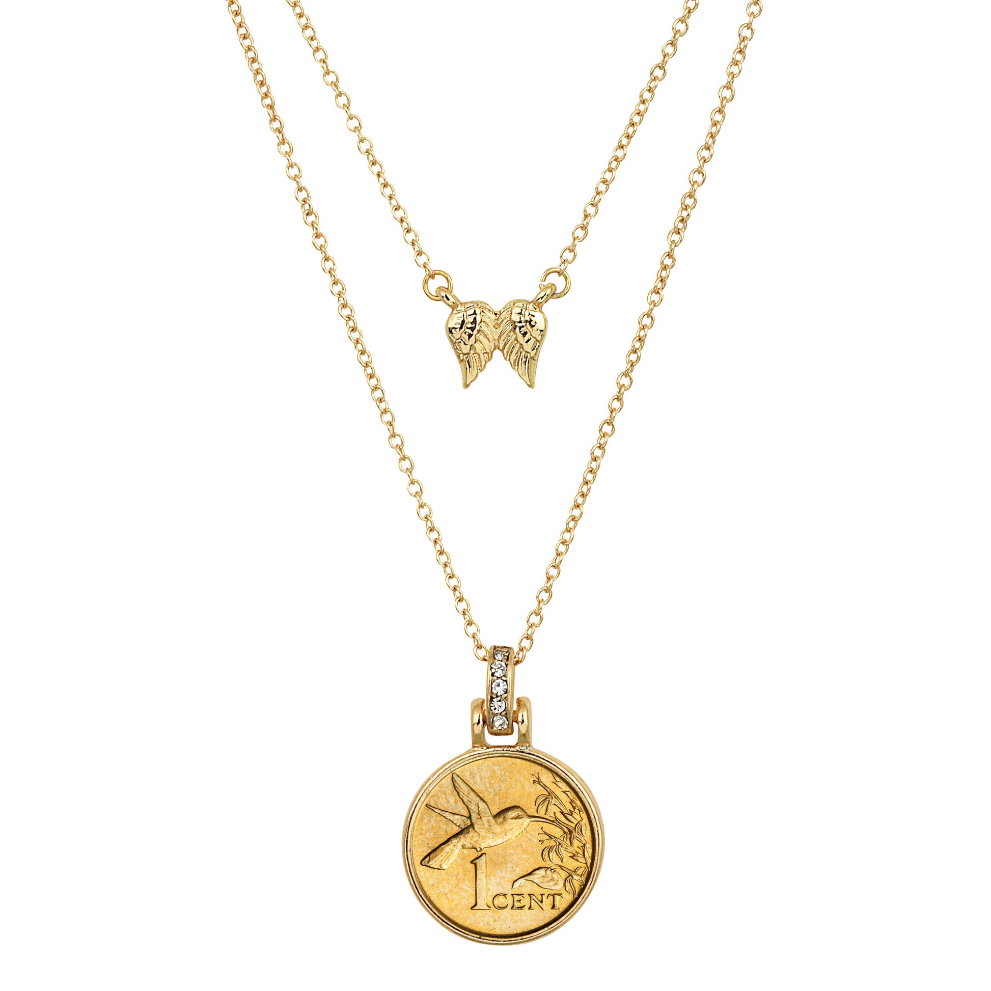 Hummingbird Gold Layered Coin Goldtone Pendant With Double Chain With Angel Wings