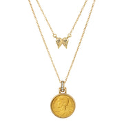 French Marianne Coin Goldtone Pendant With Double Chain With Angel Wings
