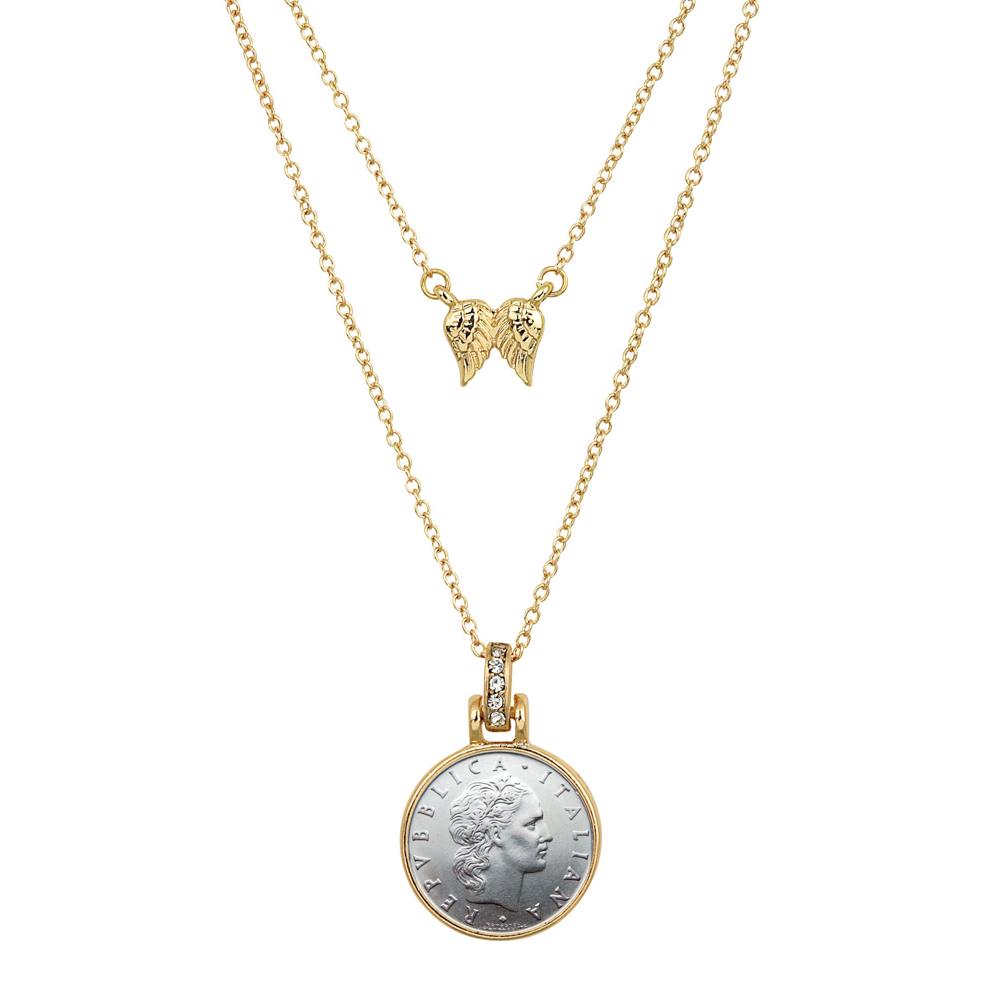 Italian 50 Lire Goldtone Pendant With Double Chain With Angel Wings