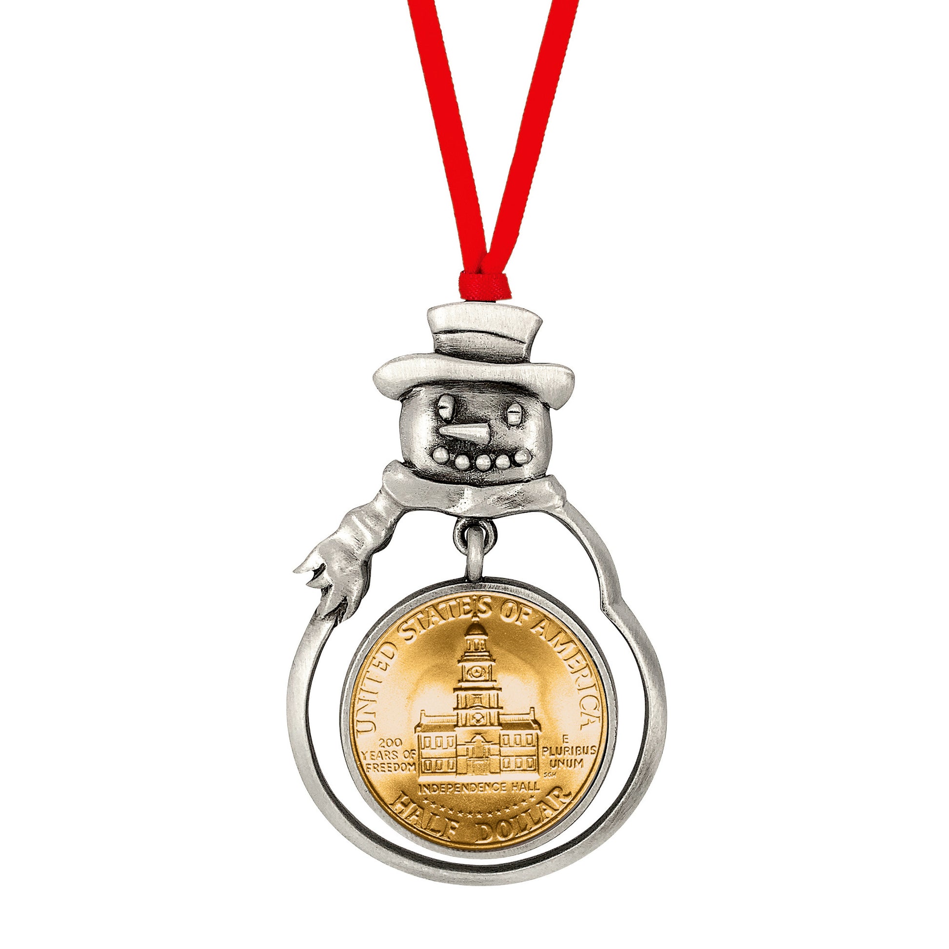 Gold Plated Bicentennial JFK Half Dollar Snowman Ornament 
