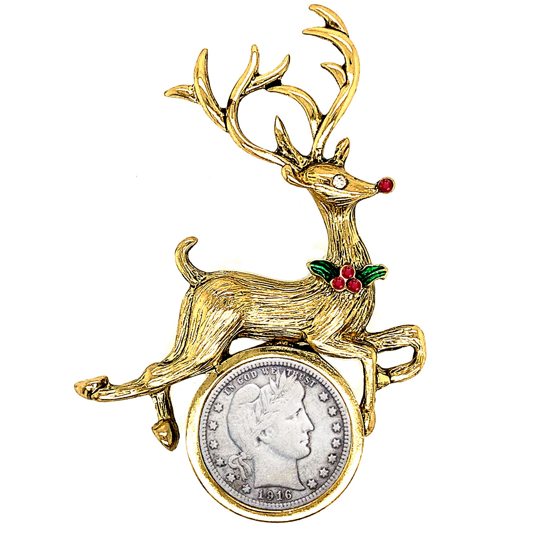 Barber Dime Coin Reindeer Brooch