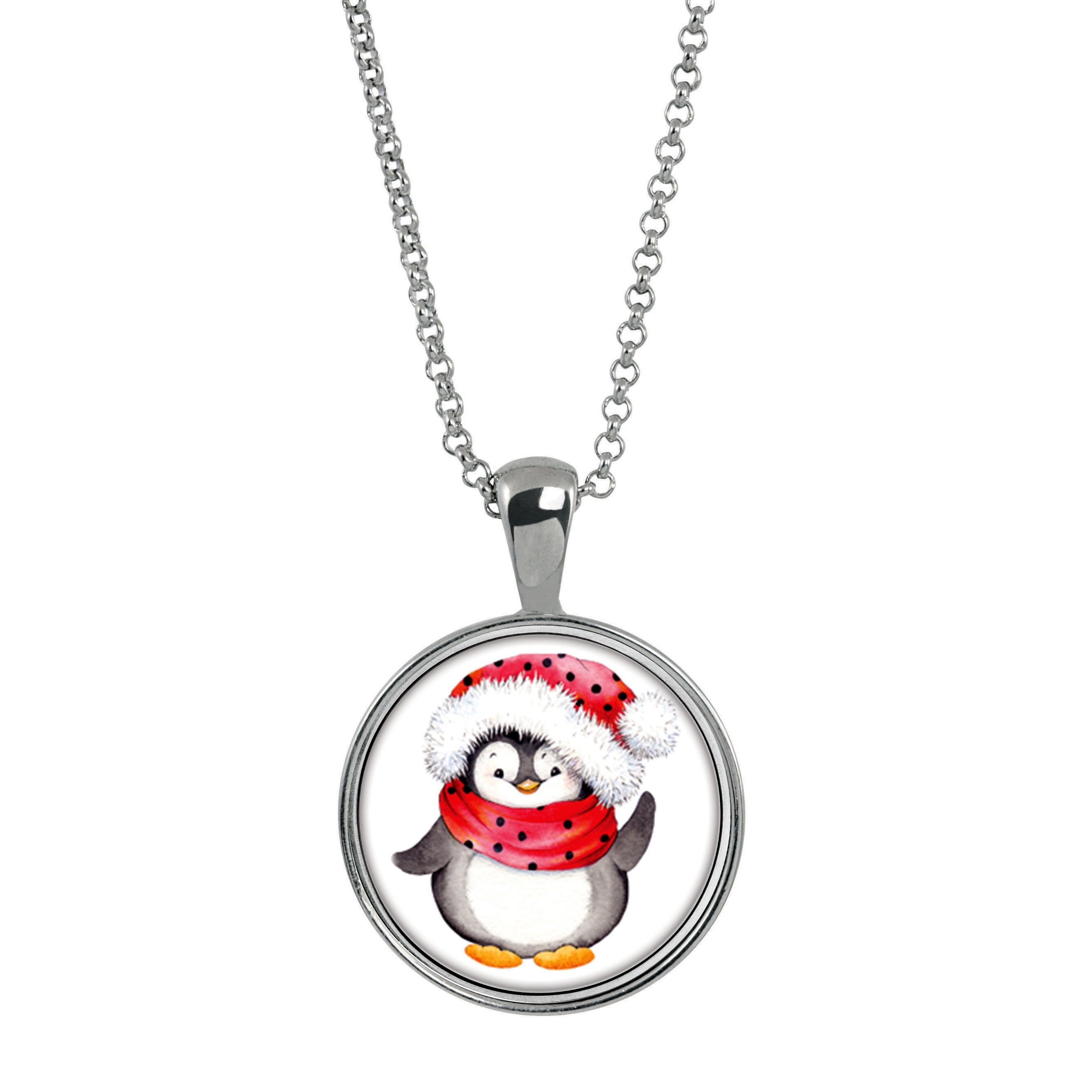 Holiday Penguin Colorized Quarter Silvertone Pendant