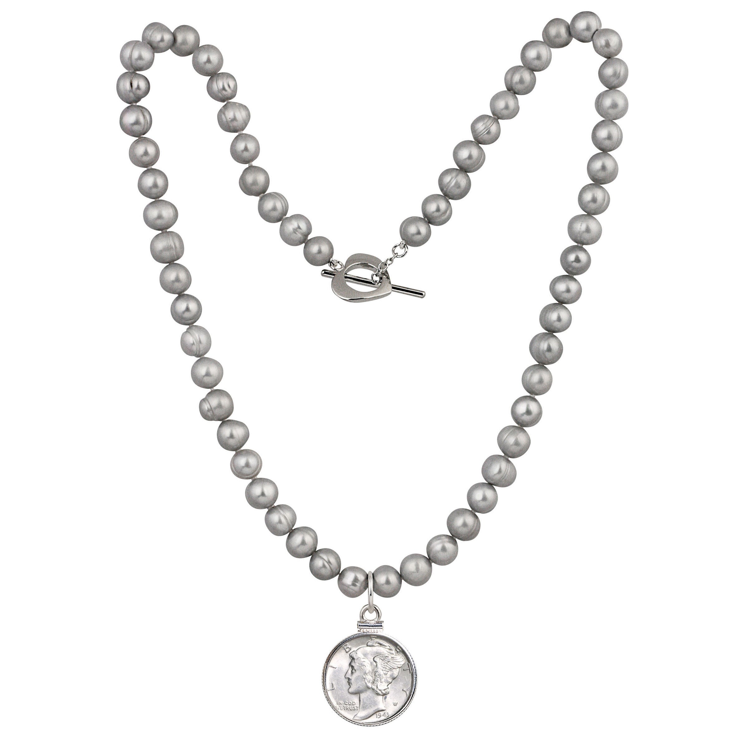 Mercury Dime Coin Grey Pearl Necklace