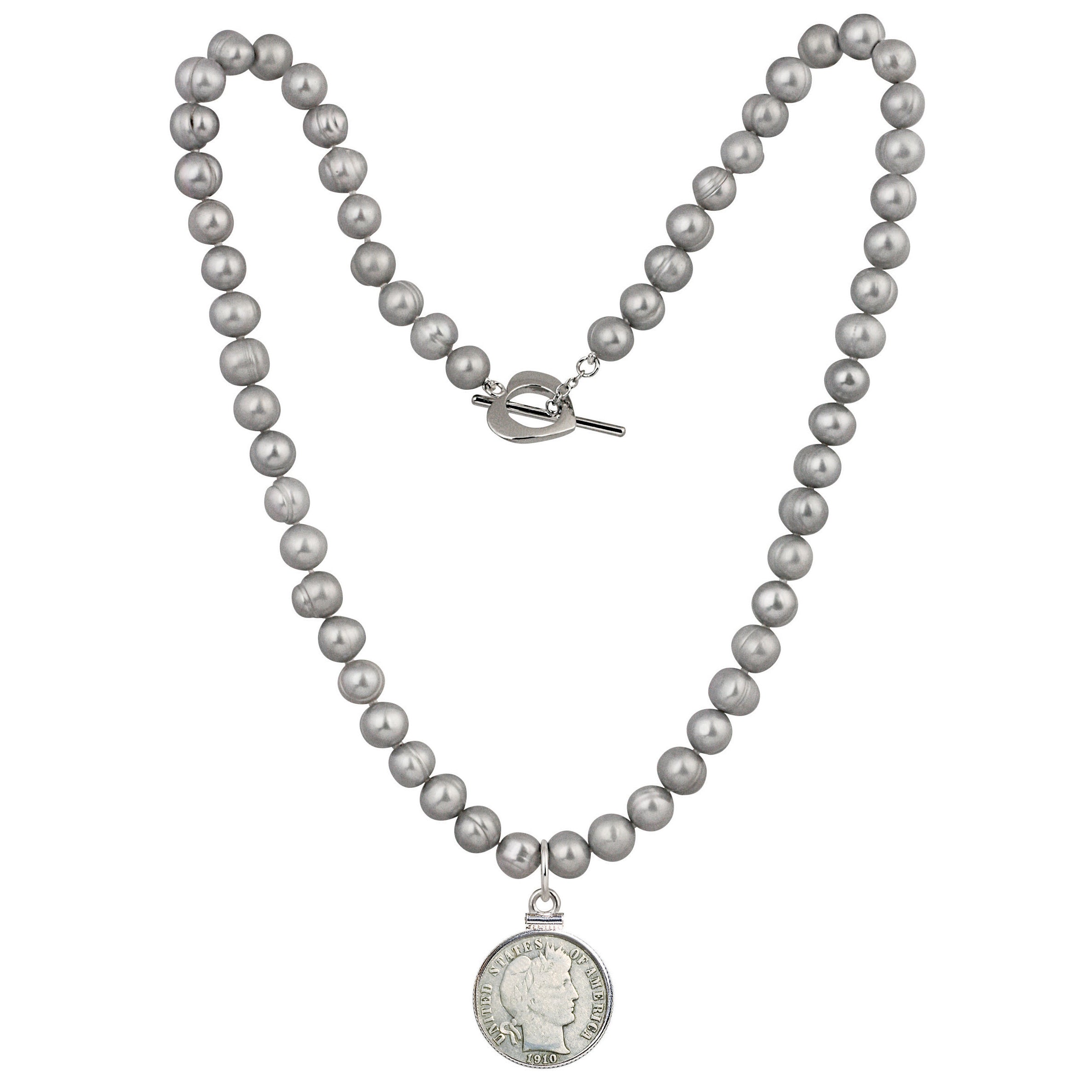 Barber Dime Coin Grey Pearl Necklace