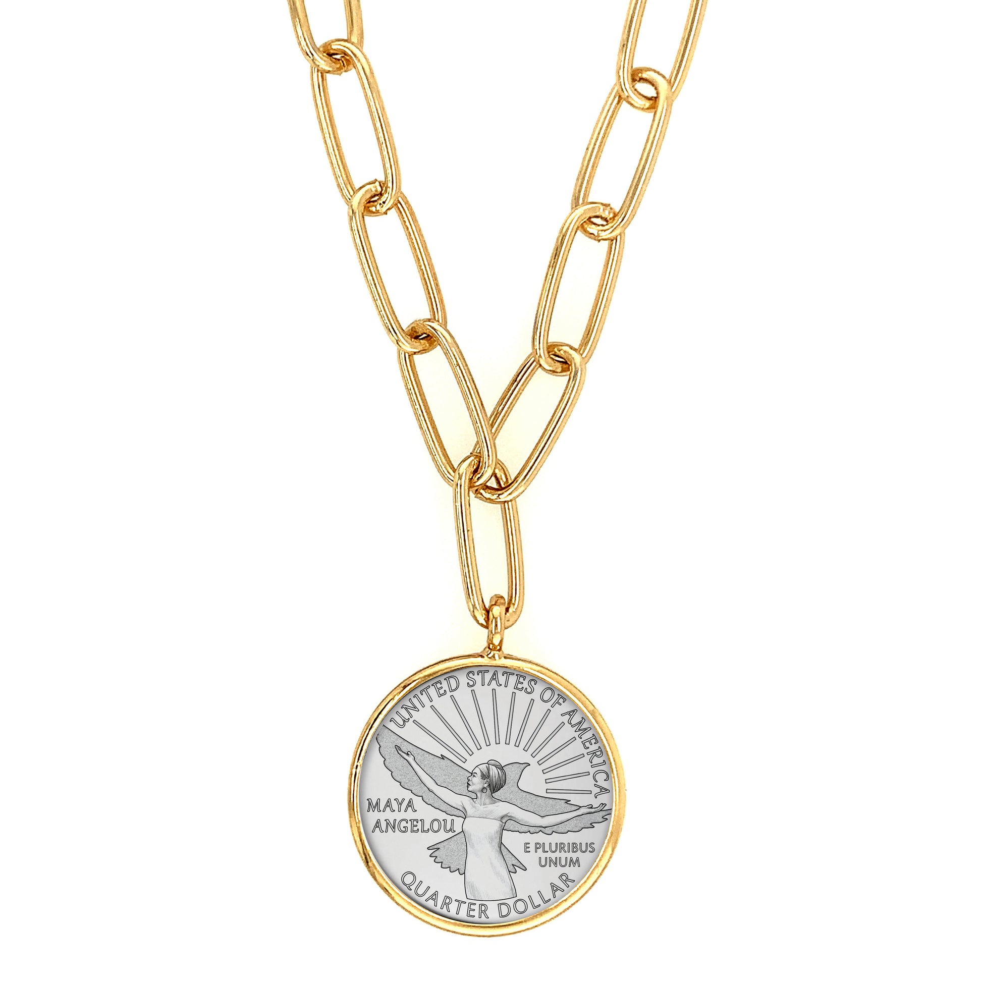 Maya Angelou Quarter Coin Goldtone Paper Clip Pendant
