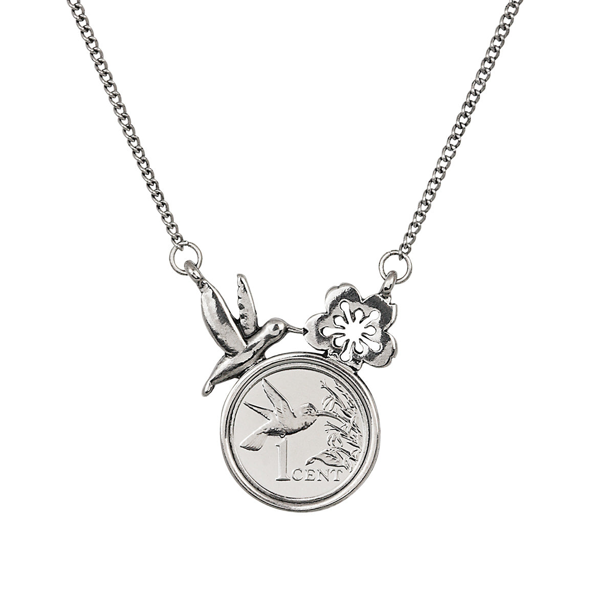 Hummingbird Coin Silvertone Pendant Necklace