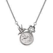 Hummingbird Coin Silvertone Pendant Necklace