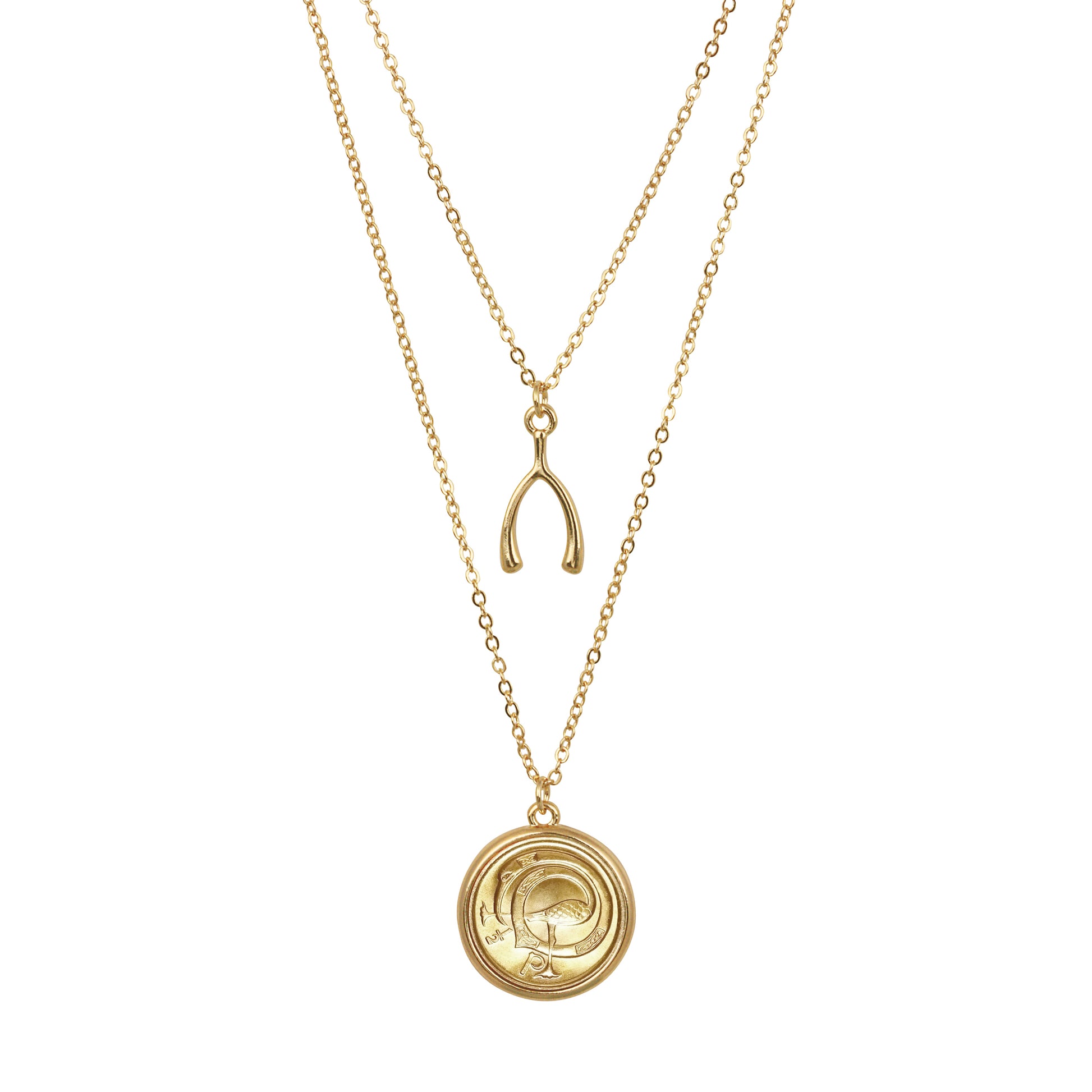 Gold Layered Irish Half Penny Ornamental Bird Wishbone Double Chain Necklace 