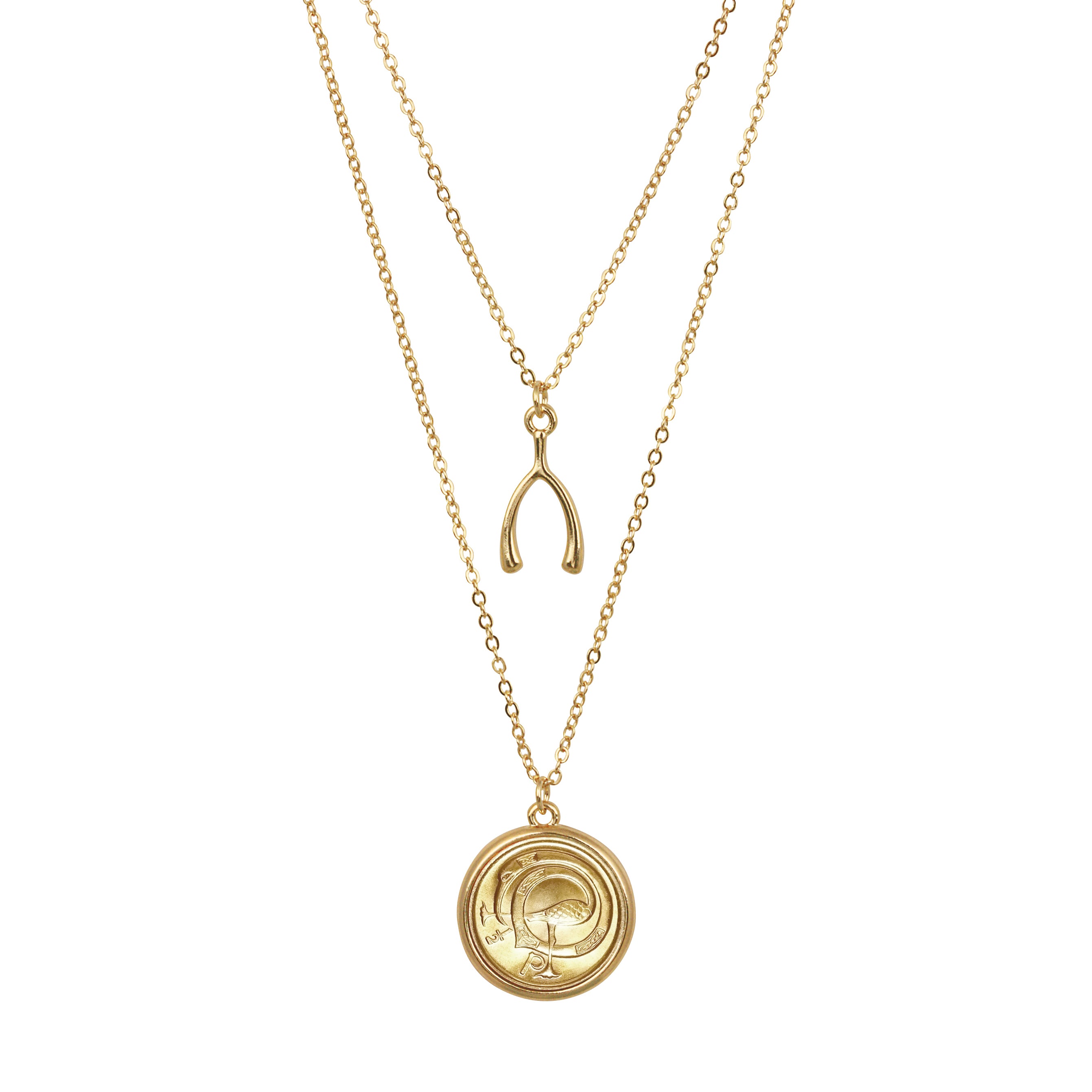 Gold Layered Irish Half Penny Ornamental Bird Wishbone Double Chain Necklace 