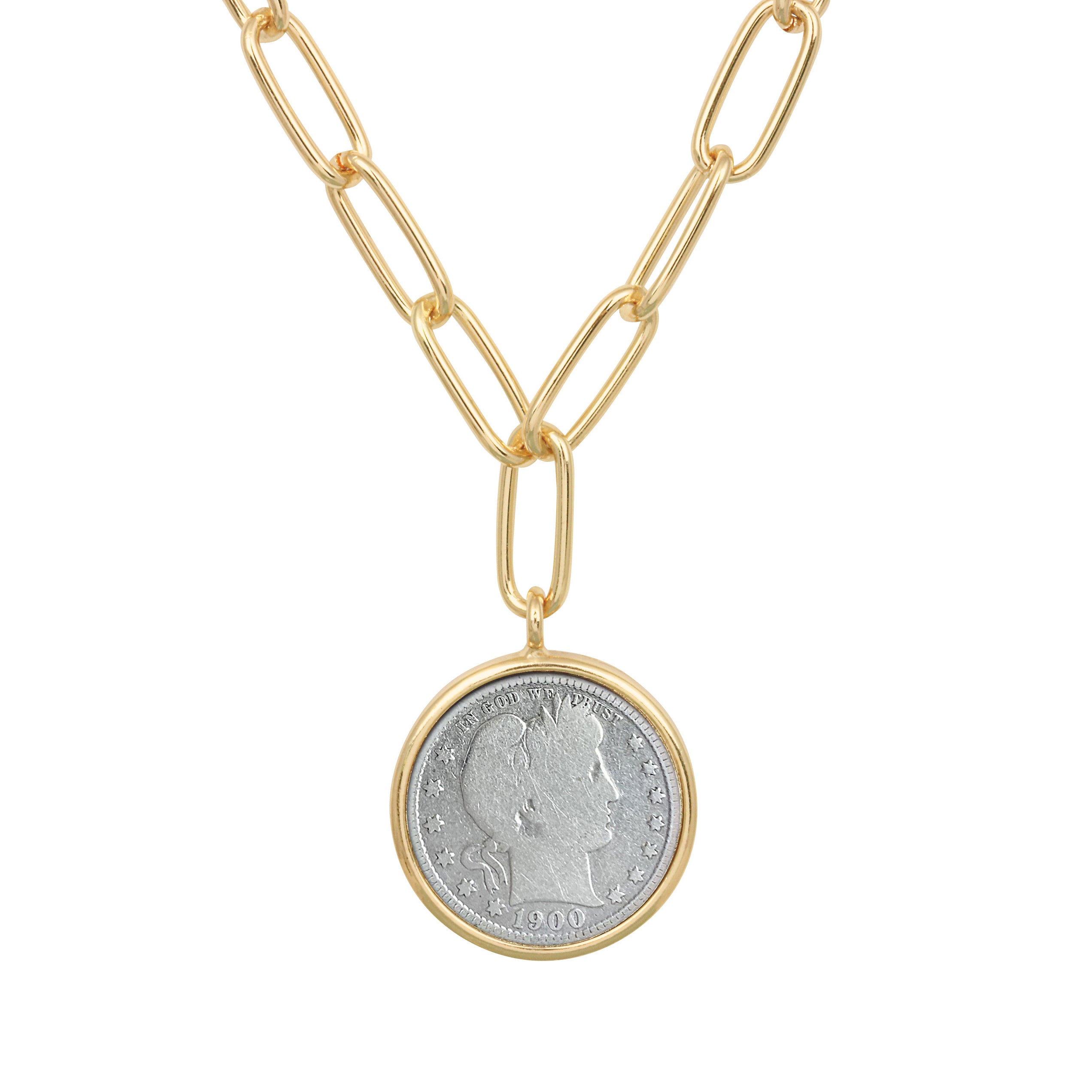 Barber Quarter Coin Goldtone Paper Clip Necklace 