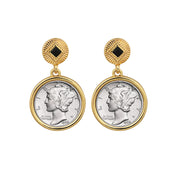 Mercury Dime Coin Goldtone Art Deco Earrings With Black Stone 