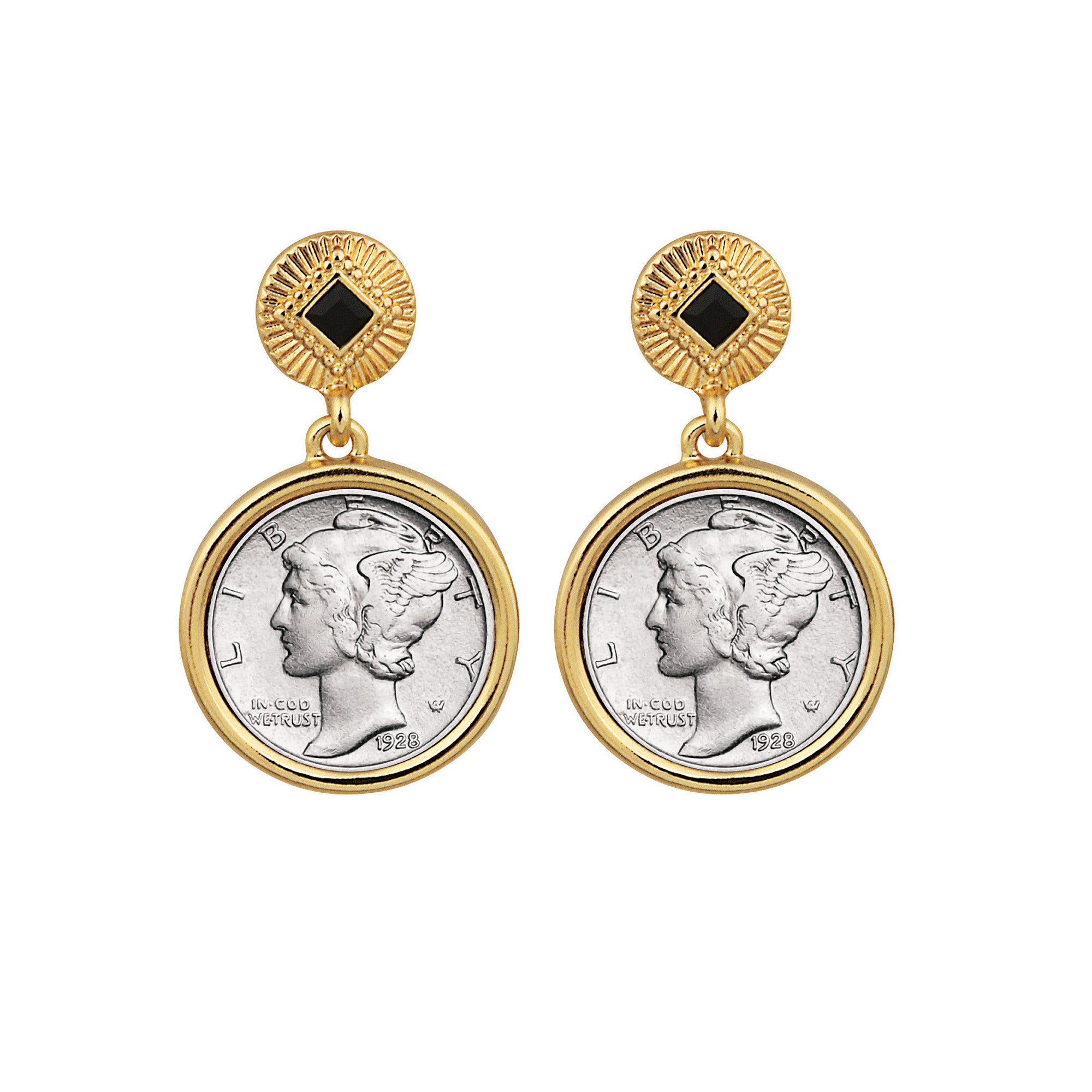 Mercury Dime Coin Goldtone Art Deco Earrings With Black Stone 