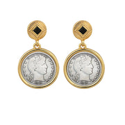Barber Dime Coin Goldtone Art Deco Earrings With Black Stone 