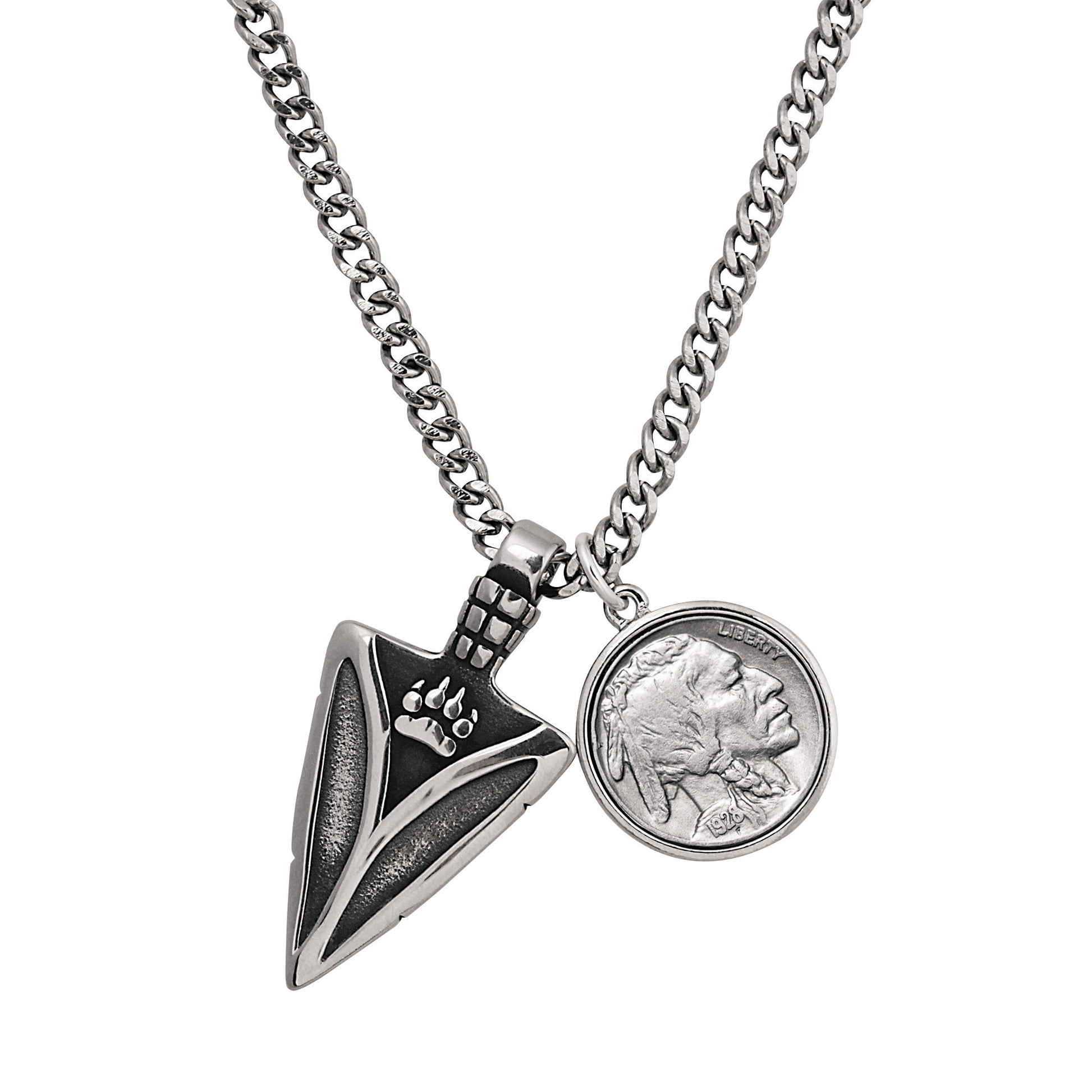 Stainless Steel Buffalo Nickel Arrowhead Pendant With Curb Chain