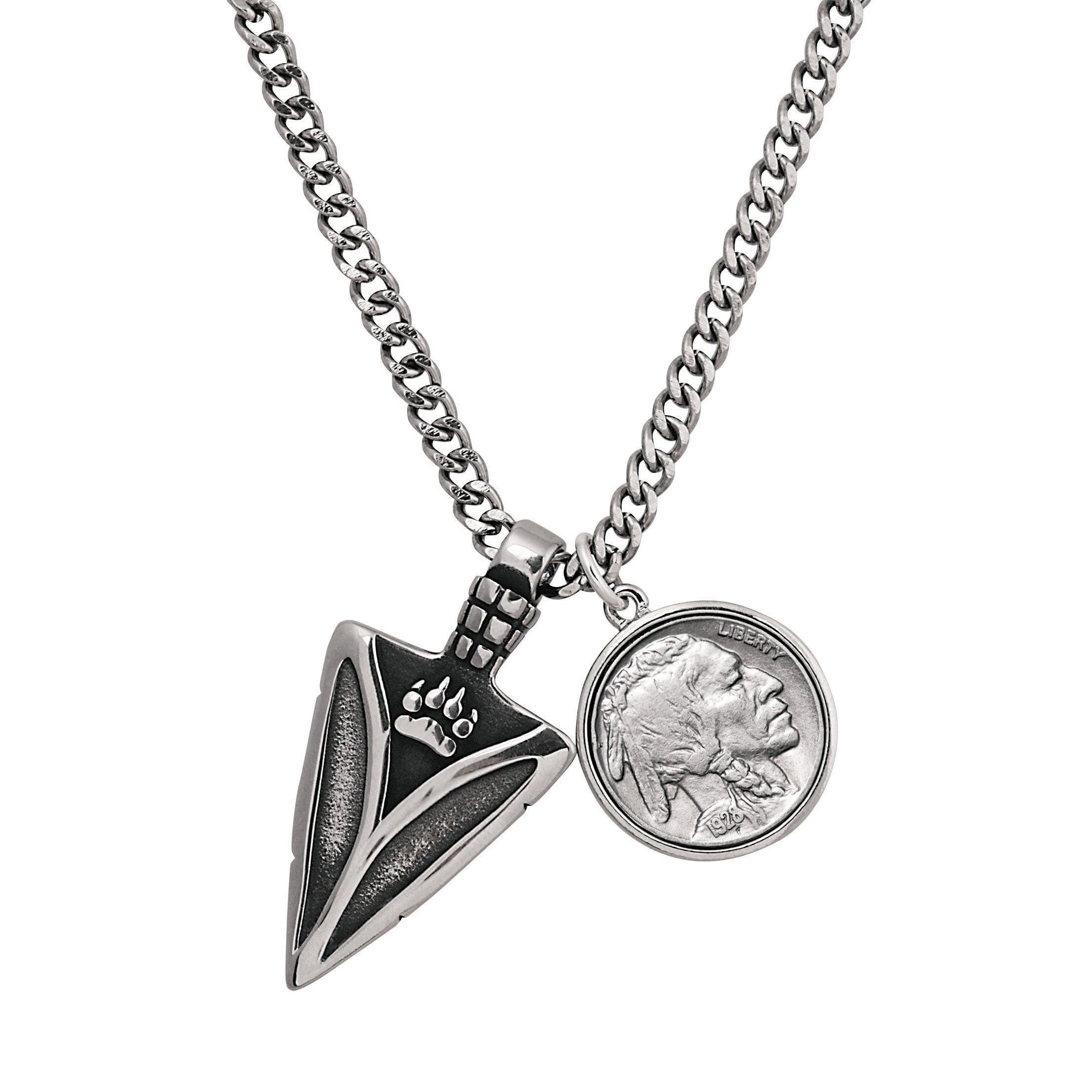 Stainless Steel Buffalo Nickel Arrowhead Pendant With Curb Chain