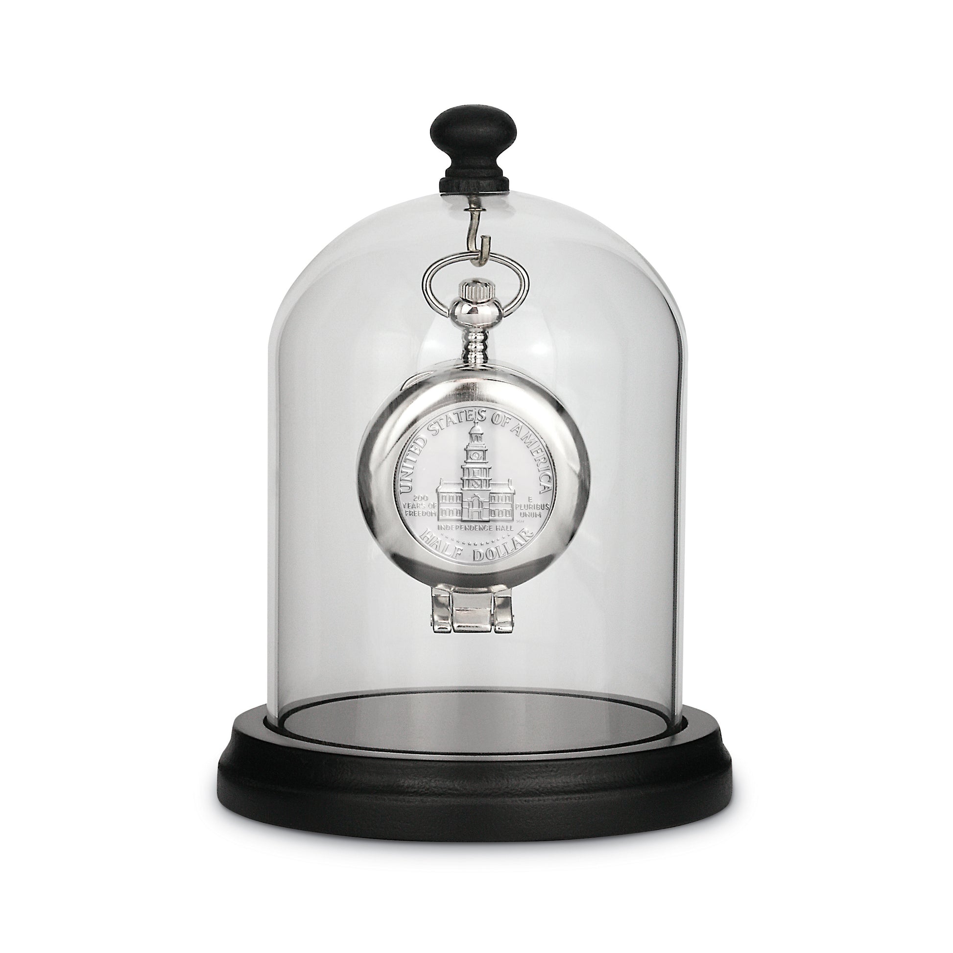 Glassed Dome with Pine Wood Base JFK Bicentennial Half Dollar Coin Pocket Watch with Skeleton Movement Black Dial with Gold Roman Numerals Tabletop DÃ©cor