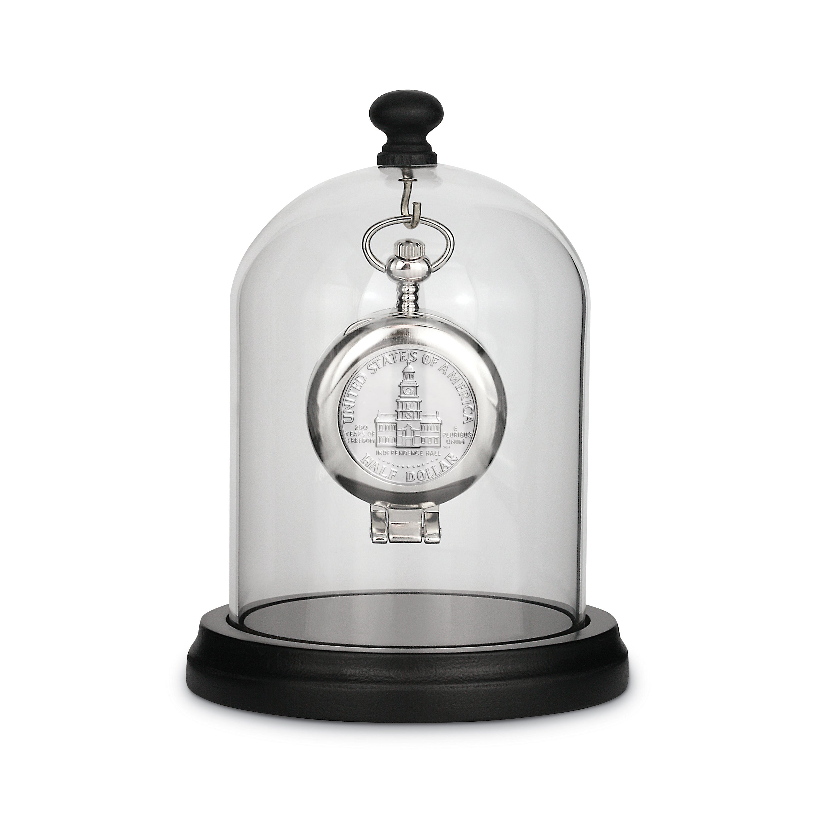 Glassed Dome with Pine Wood Base JFK Bicentennial Half Dollar Coin Pocket Watch with Skeleton Movement Black Dial with Gold Roman Numerals Tabletop DÃ©cor