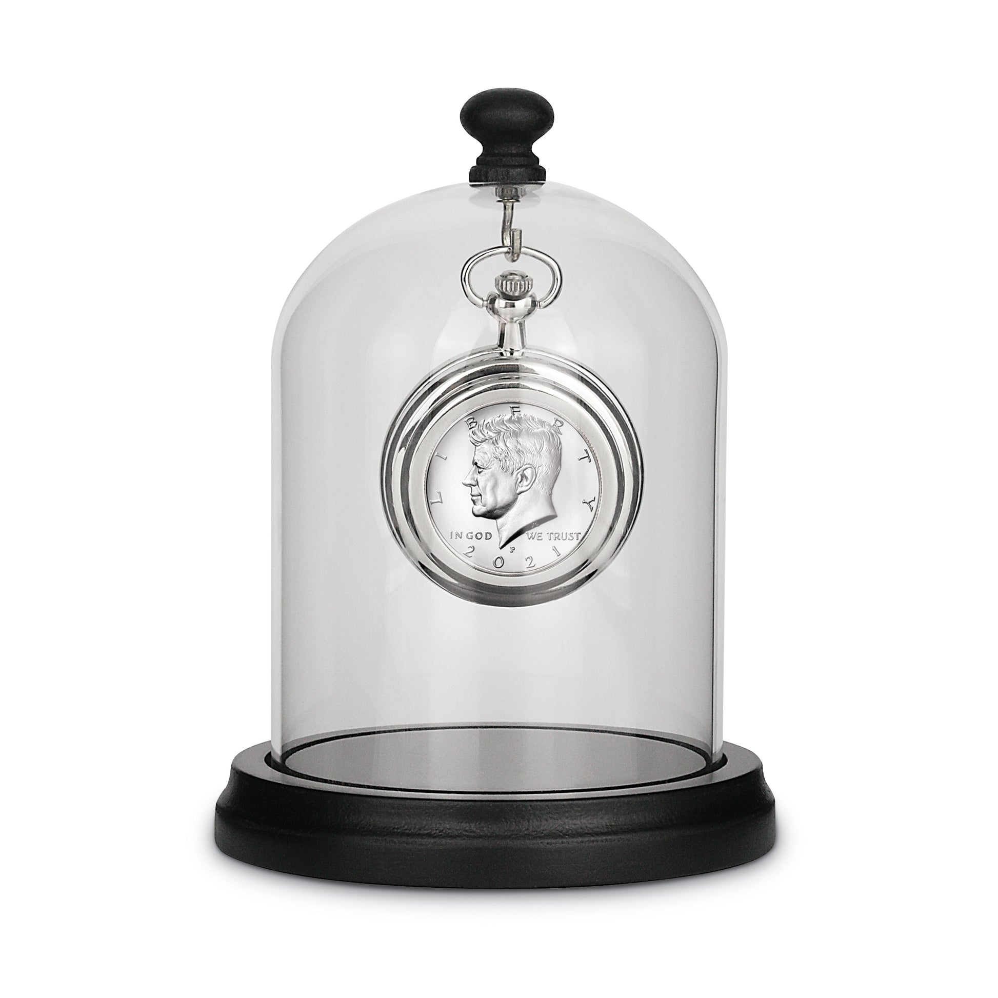 Glassed Dome with Pine Wood Base JFK Half Dollar Coin Pocket Watch Tabletop DÃ©cor