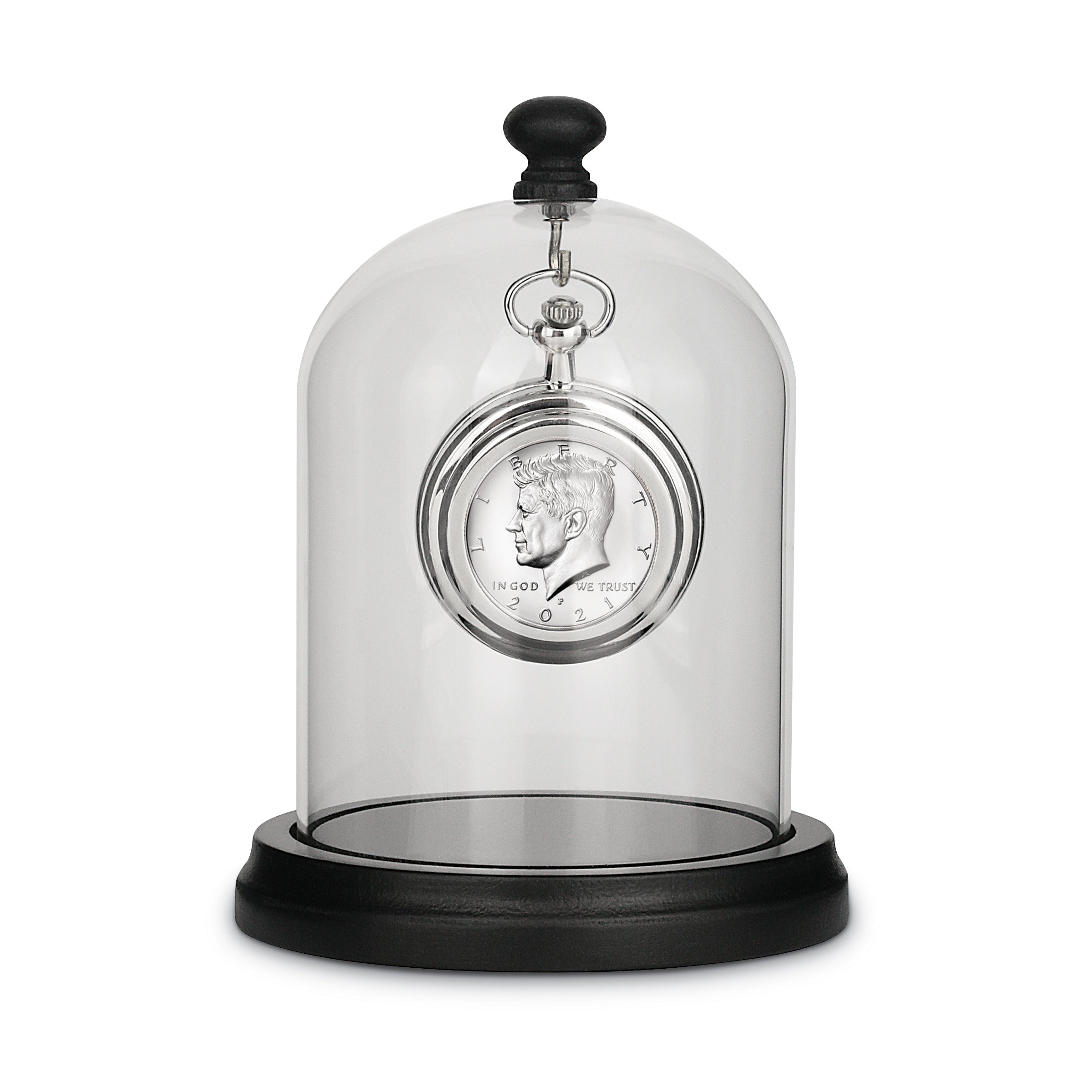 Glassed Dome with Pine Wood Base JFK Half Dollar Coin Pocket Watch Tabletop DÃ©cor