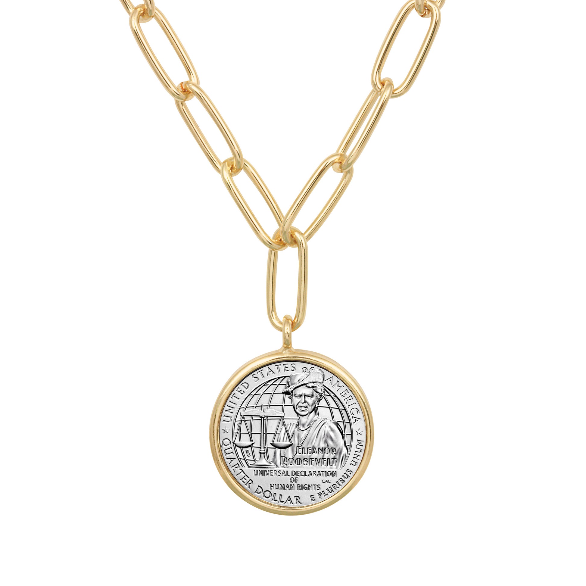 Eleanor Roosevelt Quarter Coin Goldtone Paper Clip Pendant