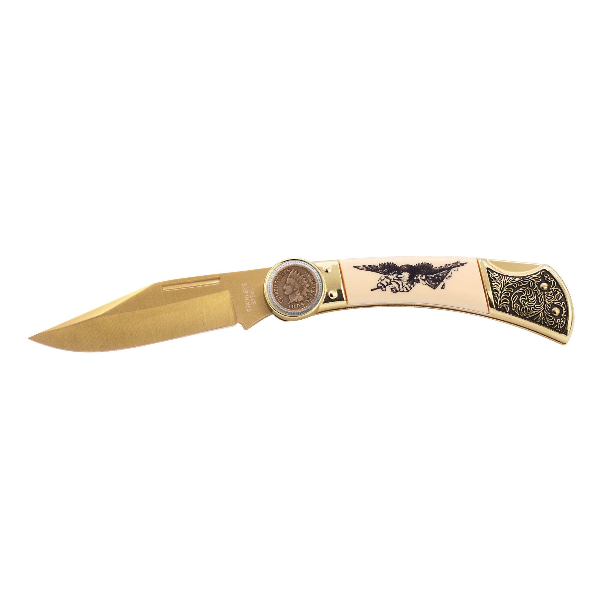Indian Head Penny Pocket Knife with American Bald Eagle and United States Flag Design