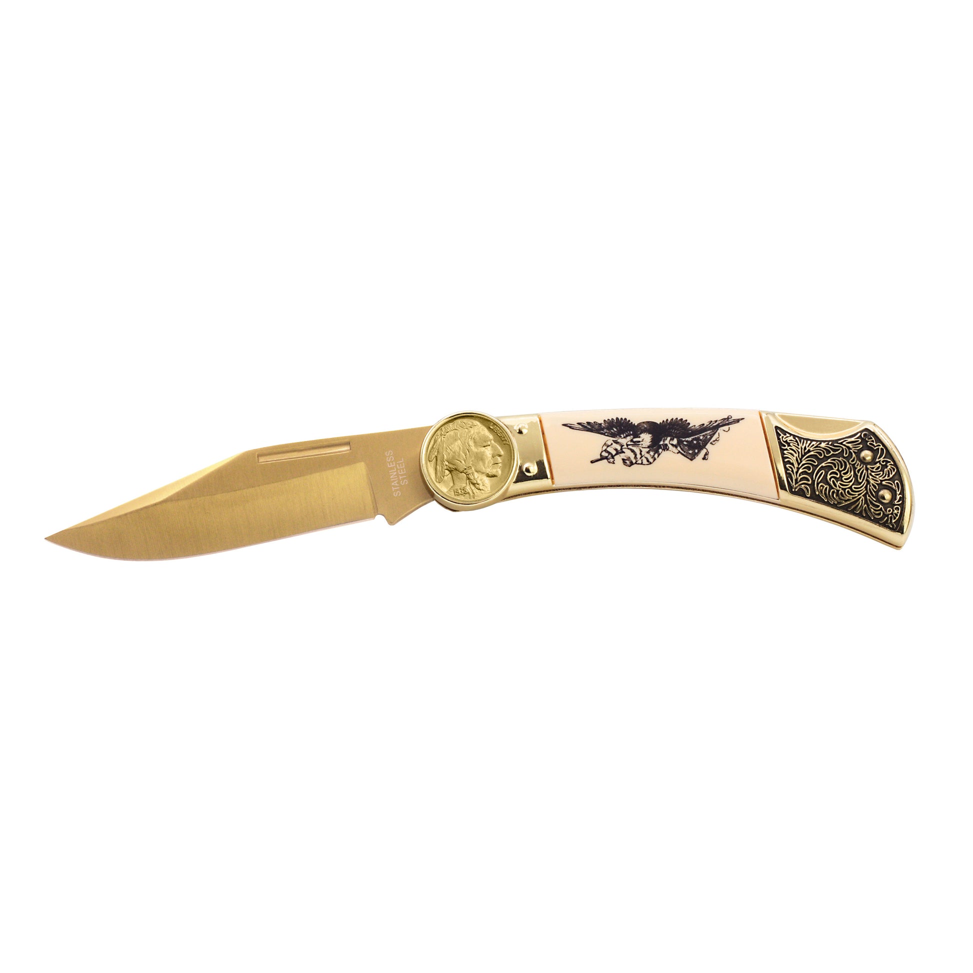 Gold-Layered Buffalo Nickel Pocket Knife with American Bald Eagle and United States Flag Design