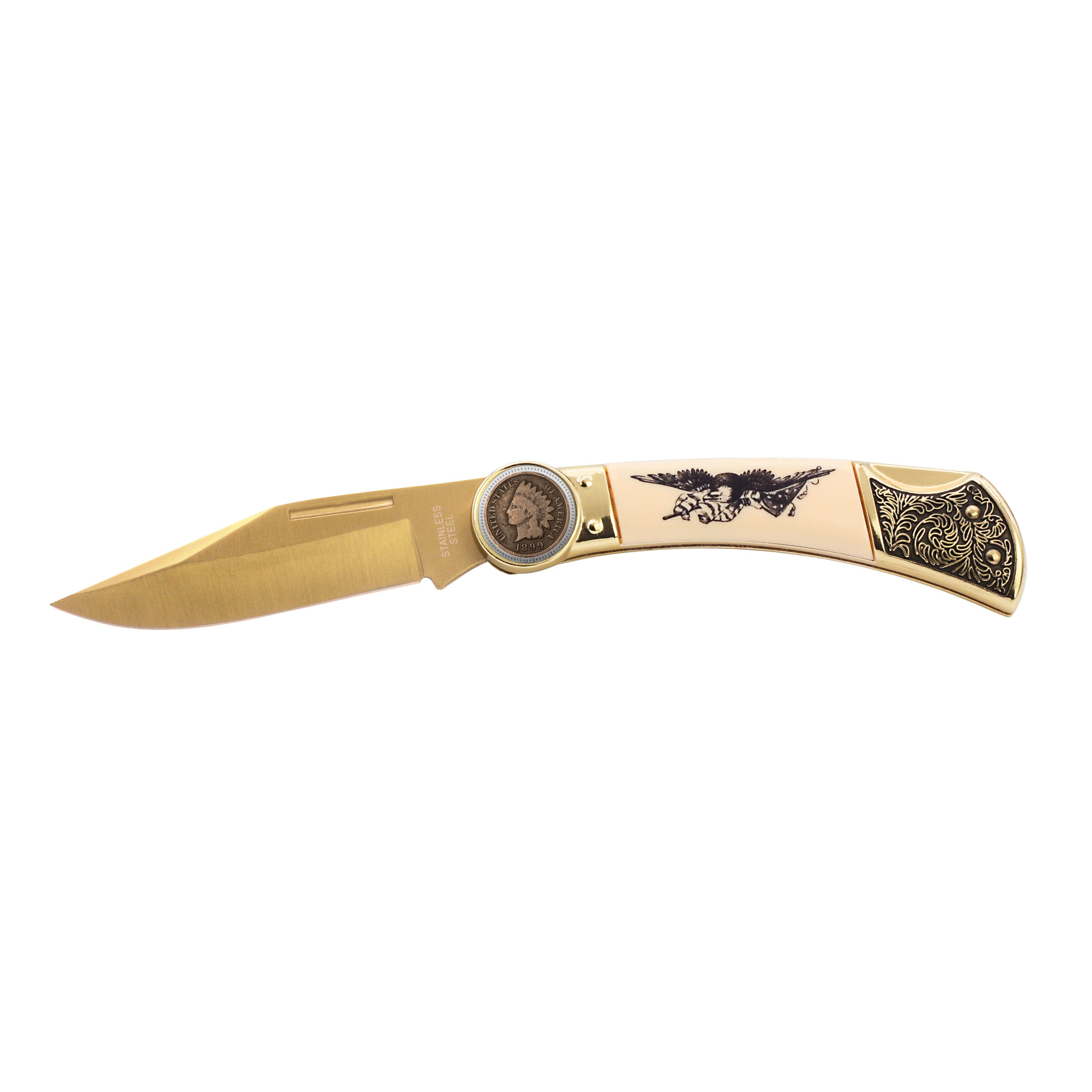 1800's Indian Head Penny Pocket Knife with American Bald Eagle and United States Flag Design