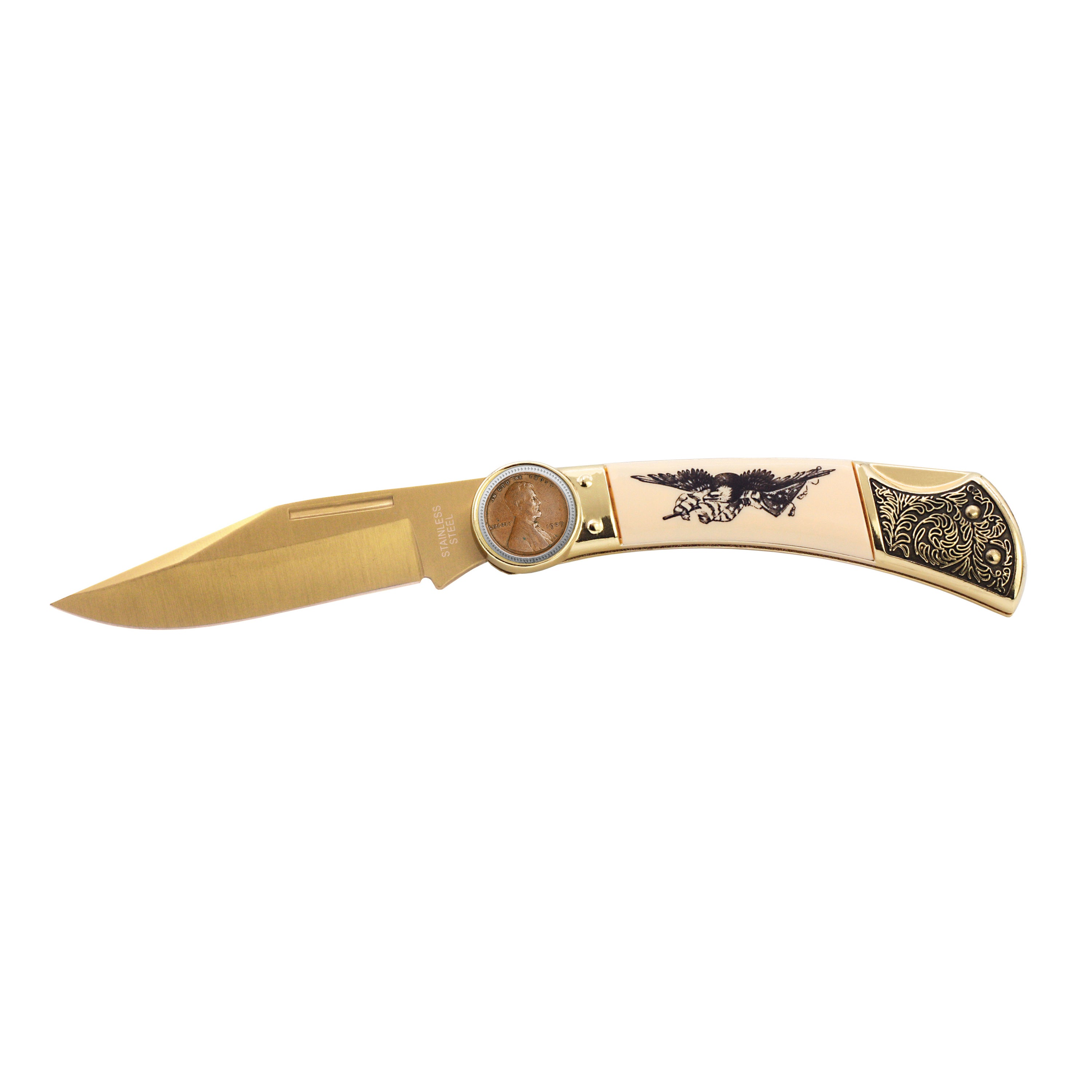 Year to Remember Penny Pocket Knife with American Bald Eagle and United States Flag Design
