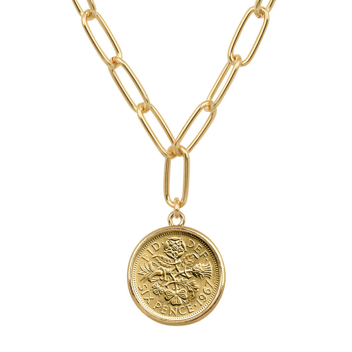 Gold-Layered British Sixpence Coin Goldtone Paper Clip Pendant