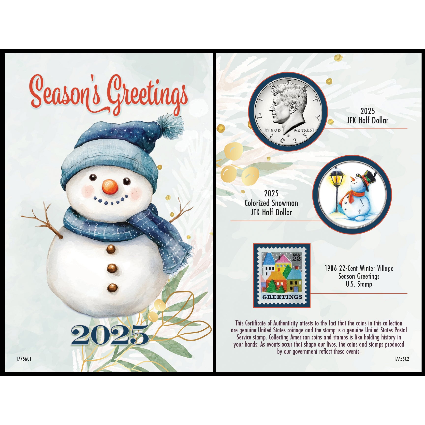 2025 Snowman Coin and Stamp Collectible JFK Greeting Card