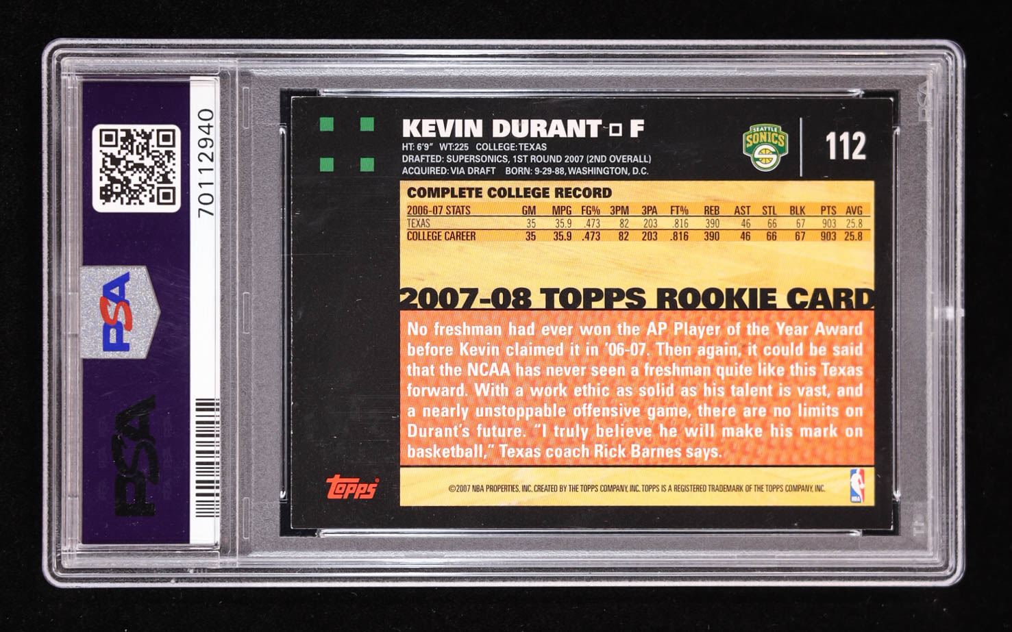 Autographed Kevin Durant 2007 Topps Rookie Card PSA Auto 10