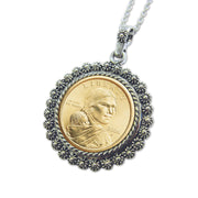 Sacagawea Golden Dollar Coin Pendant in Silvertone Bezel