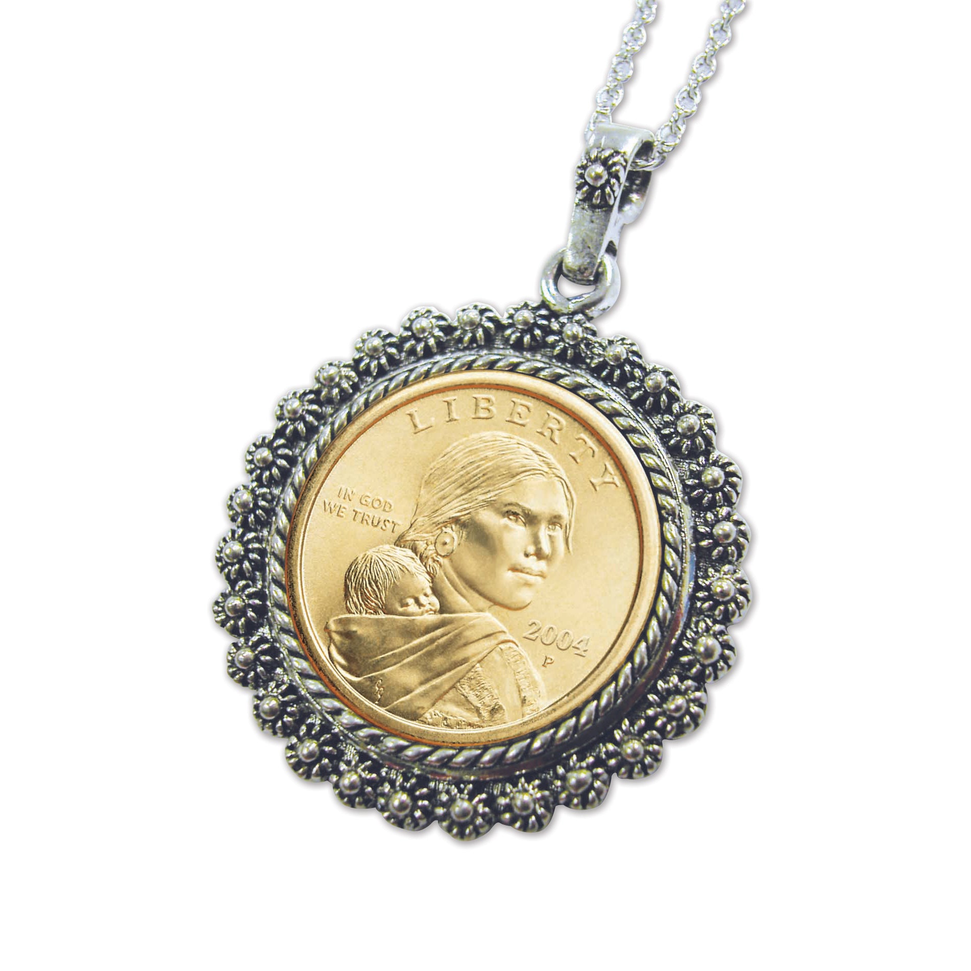 Sacagawea Golden Dollar Coin Pendant in Silvertone Bezel