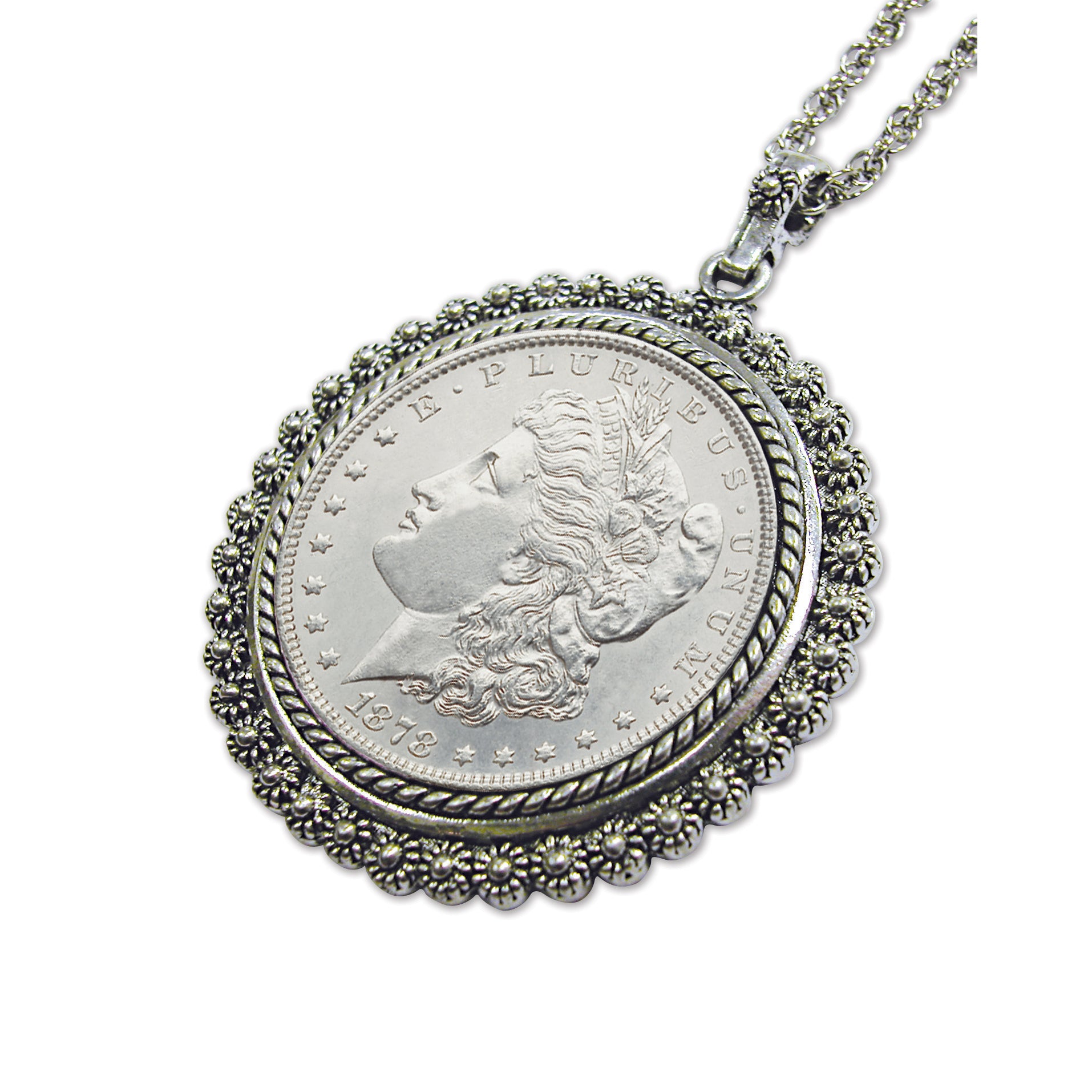 Morgan Silver Dollar Coin Pendant with Silvertone Bezel
